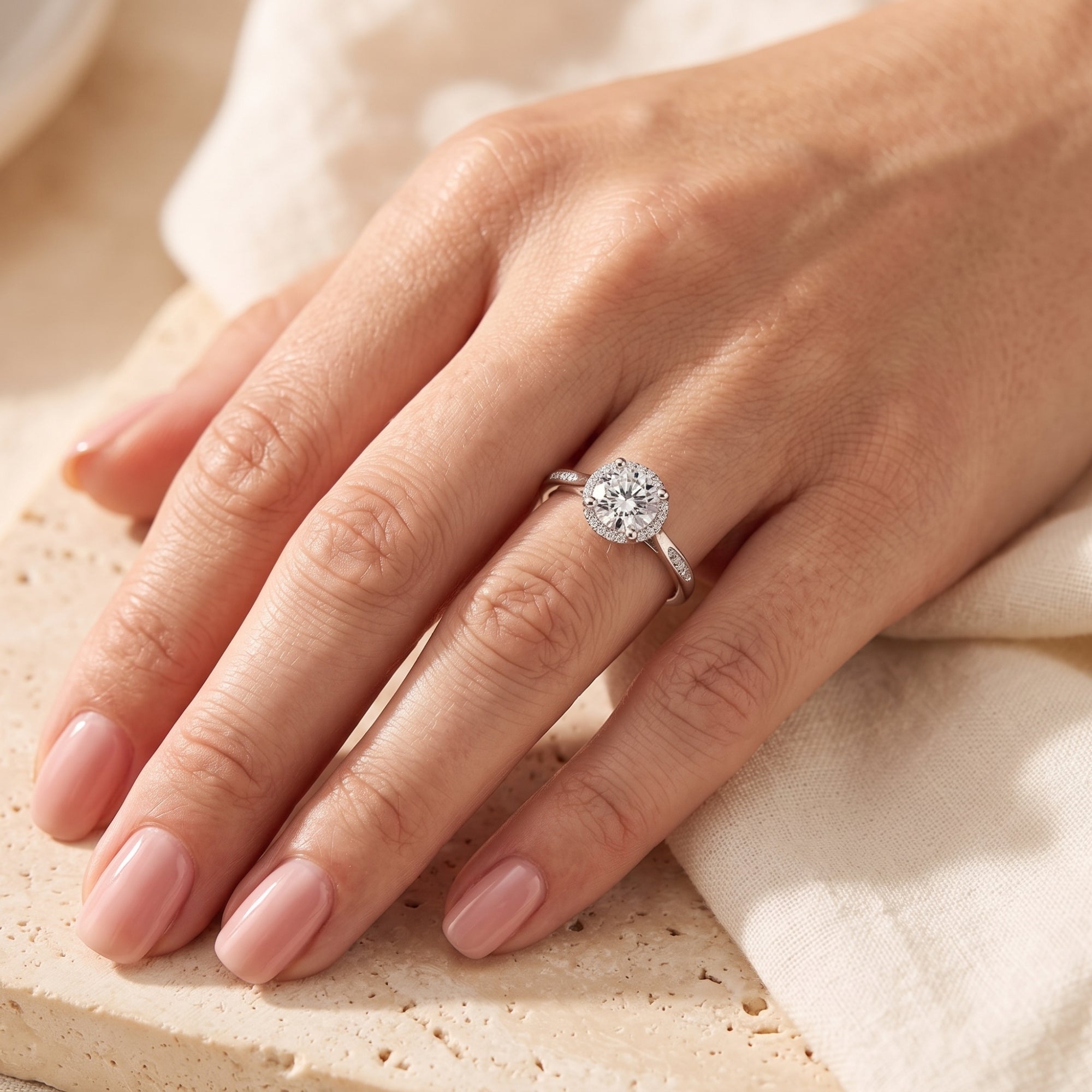 Round cubic zirconia silver halo ring worn on a woman's hand.