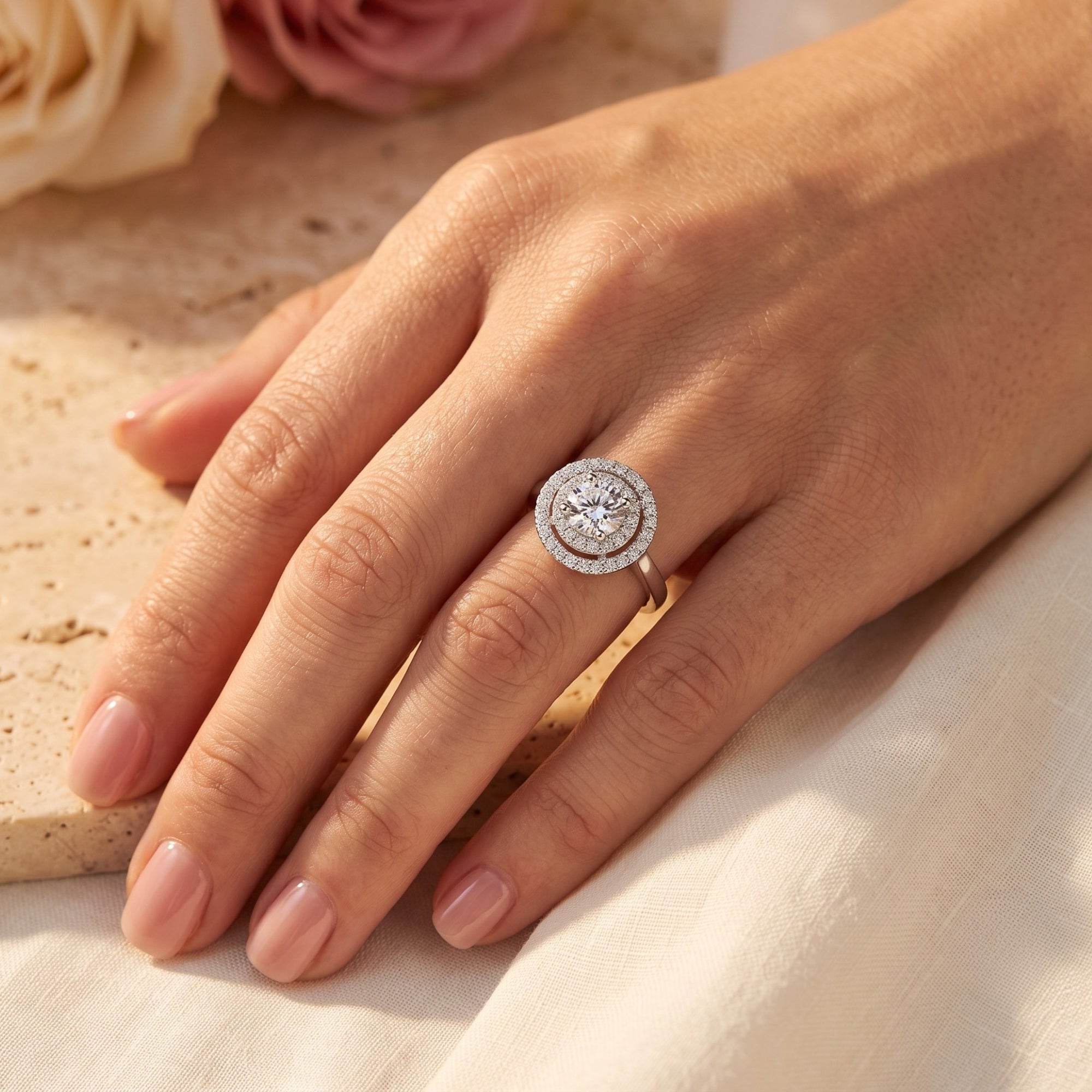 Women's S925 sterling silver double halo ring with round simulated diamond worn on a finger.