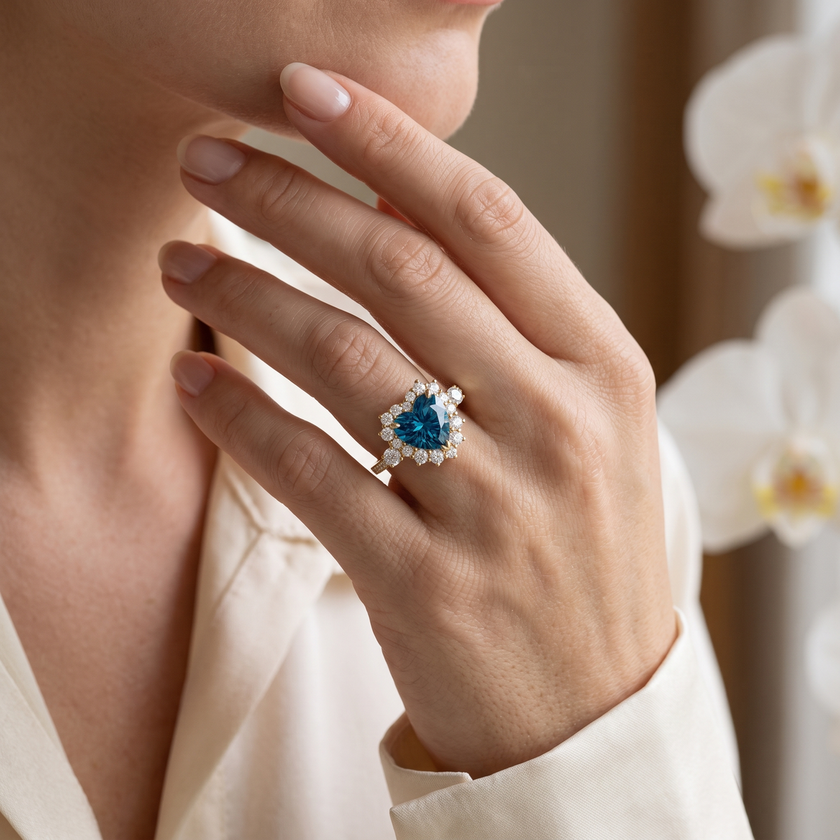 Model wearing a heart-shaped blue moissanite halo ring in yellow gold on her hand.