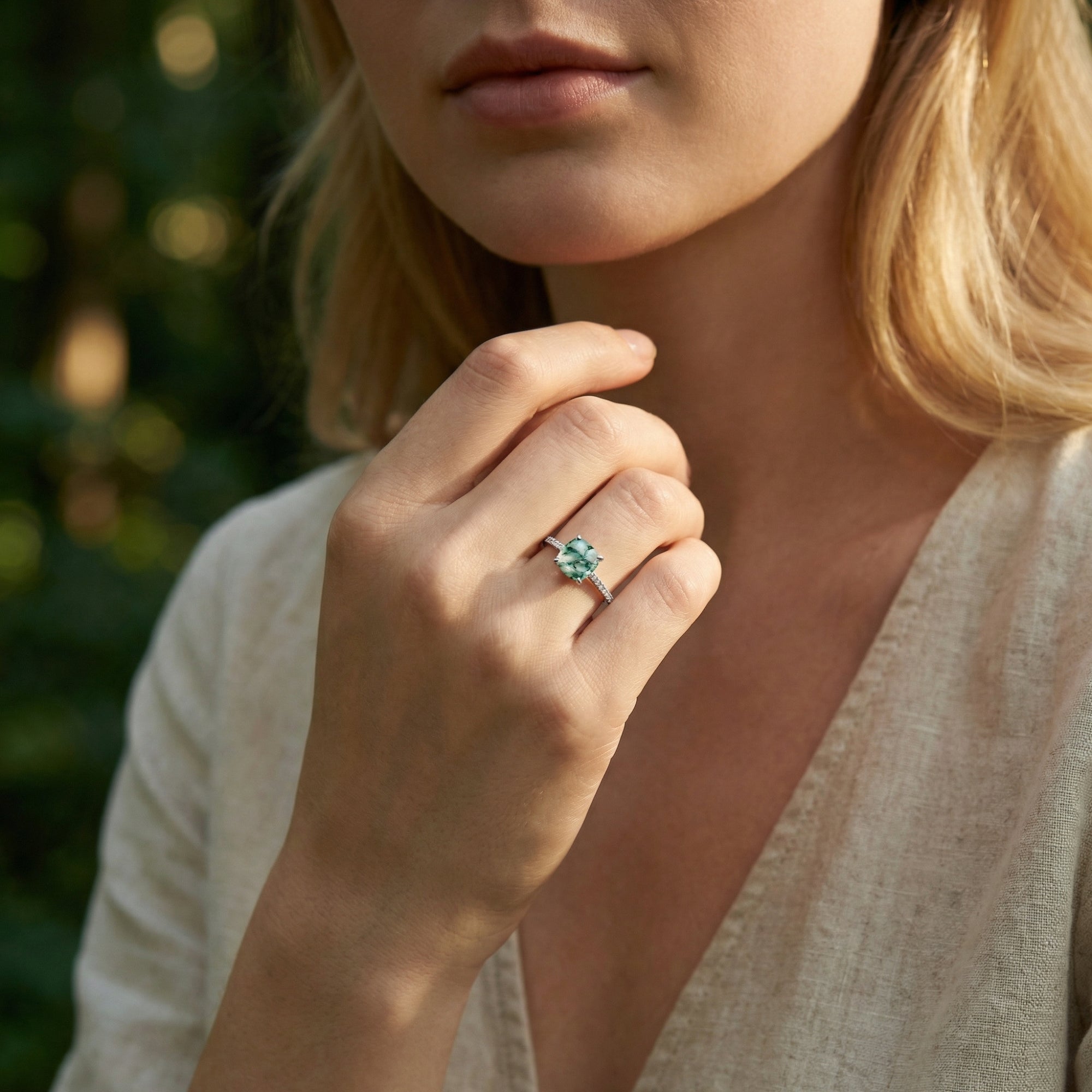 Natürlicher Moosachat-Pavé-Ring im Kissenschliff – S925 Sterling Silber