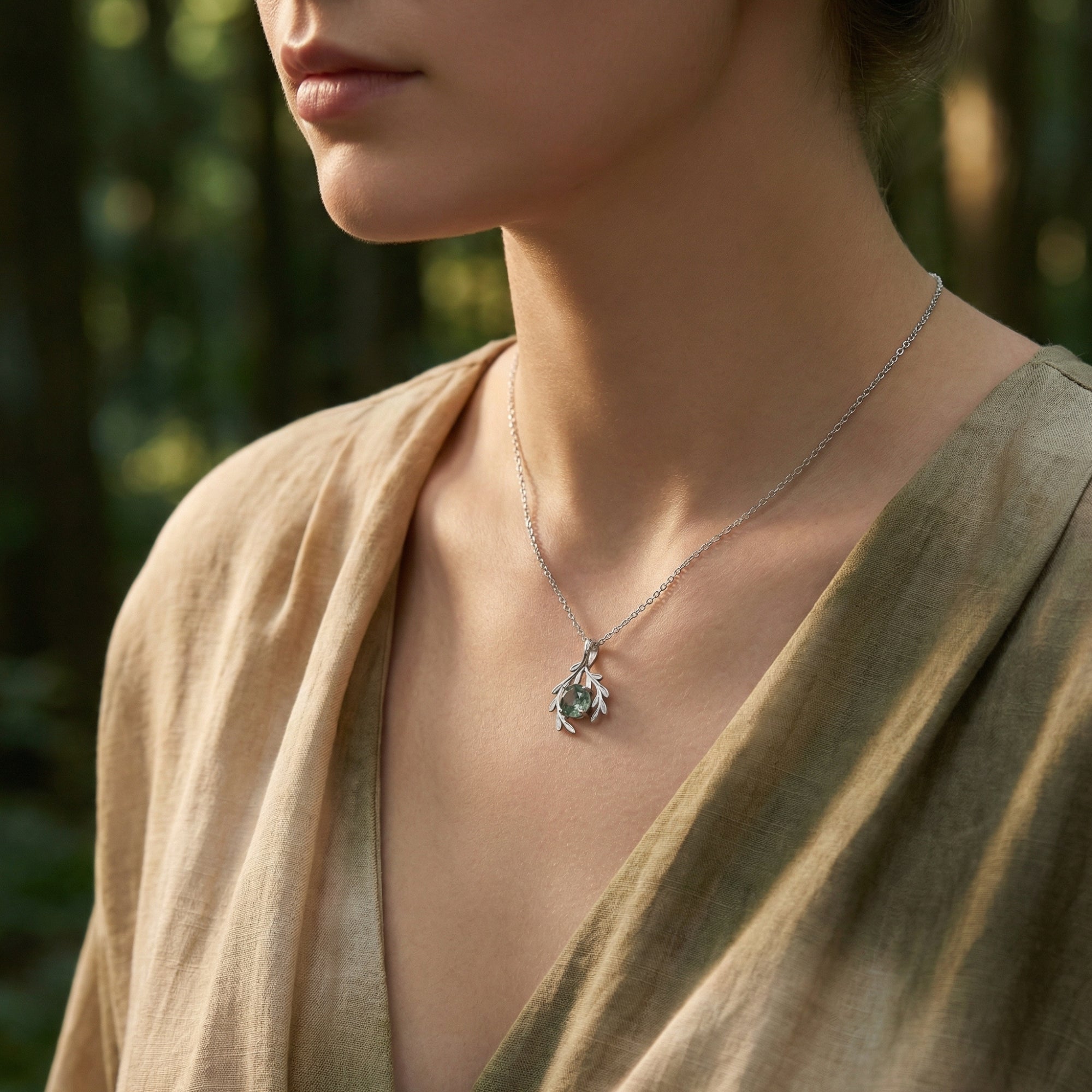 Model wearing the sterling silver botanical moss agate pendant necklace against a soft forest background.