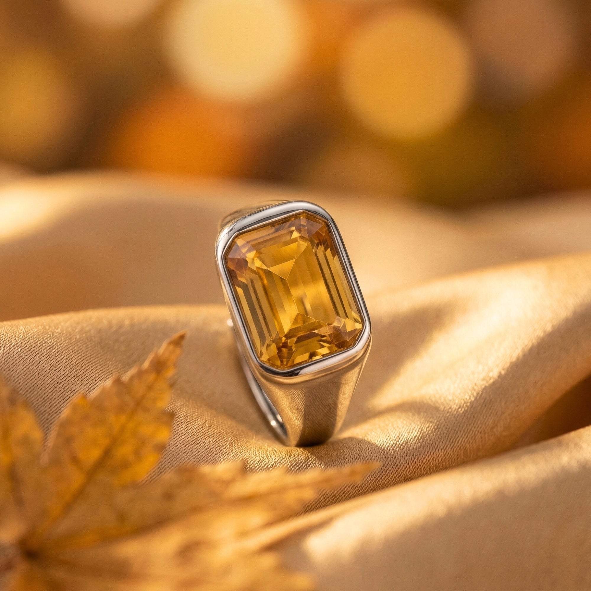 Close-up of the emerald-cut natural citrine stone in a silver setting, showing faceted hall of mirrors effect.