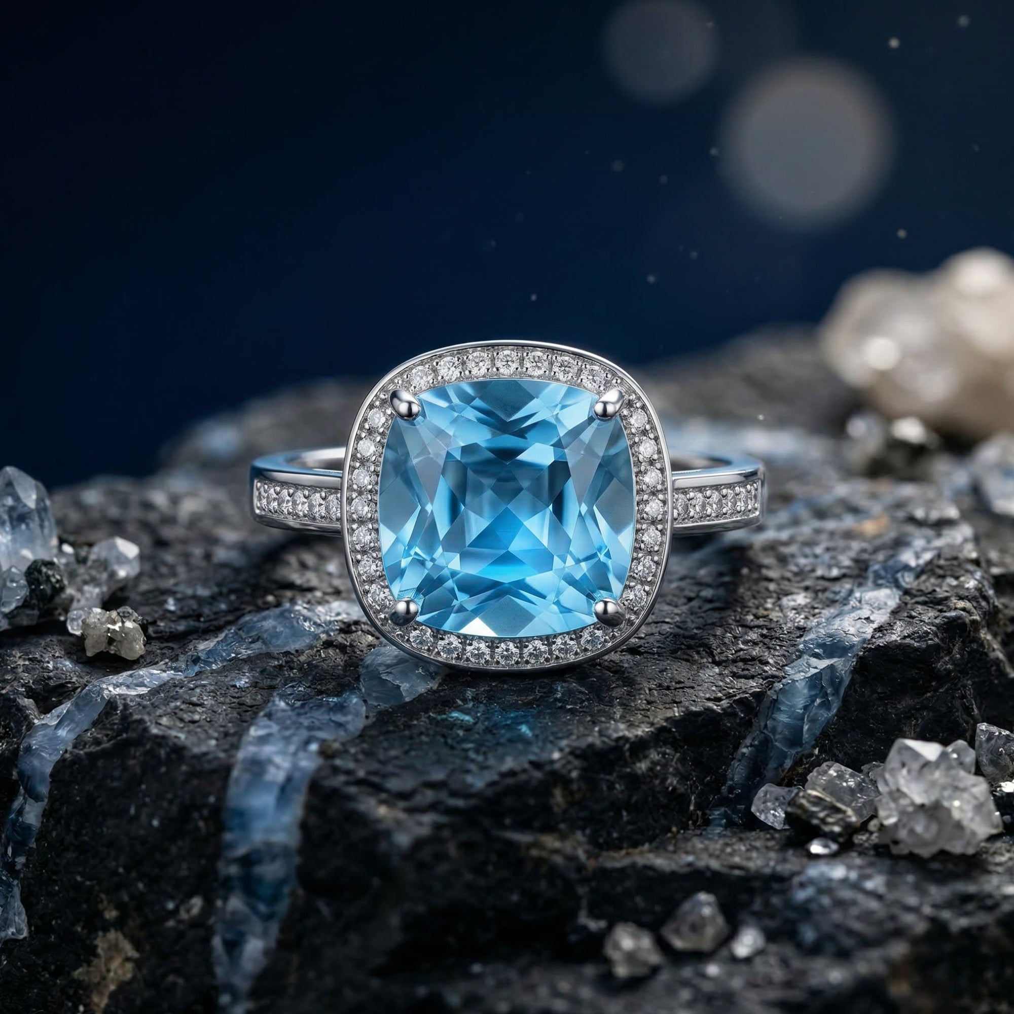 Close-up of a 10x10mm cushion cut natural blue topaz ring with a sterling silver halo setting.