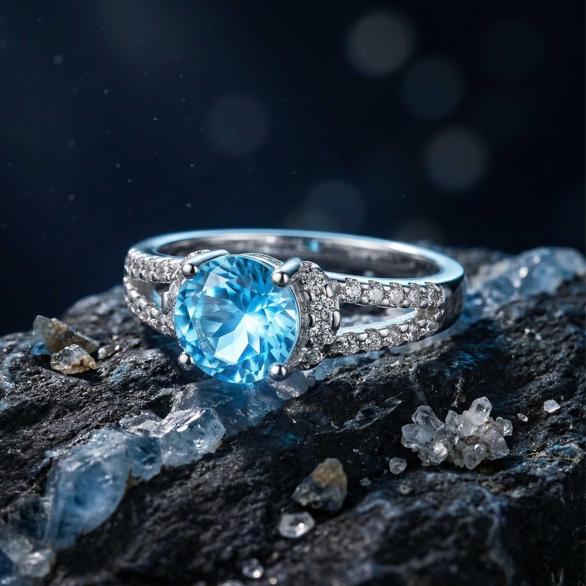 Macro view of a 6mm round natural blue topaz in a sterling silver split-shank setting with cubic zirconia.