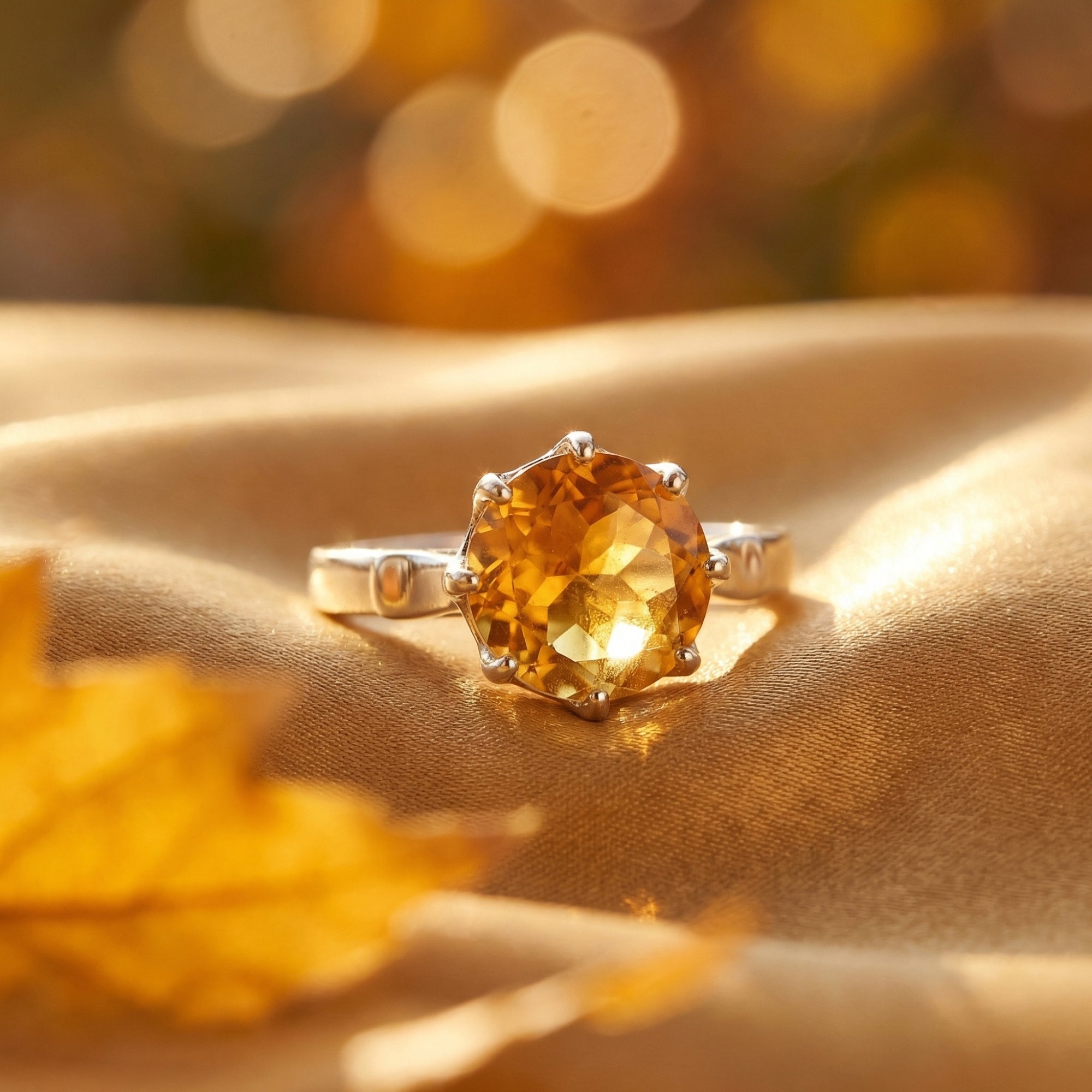 Close-up of a round cut natural citrine ring in sterling silver, showcasing the honeyed stone and prong setting.