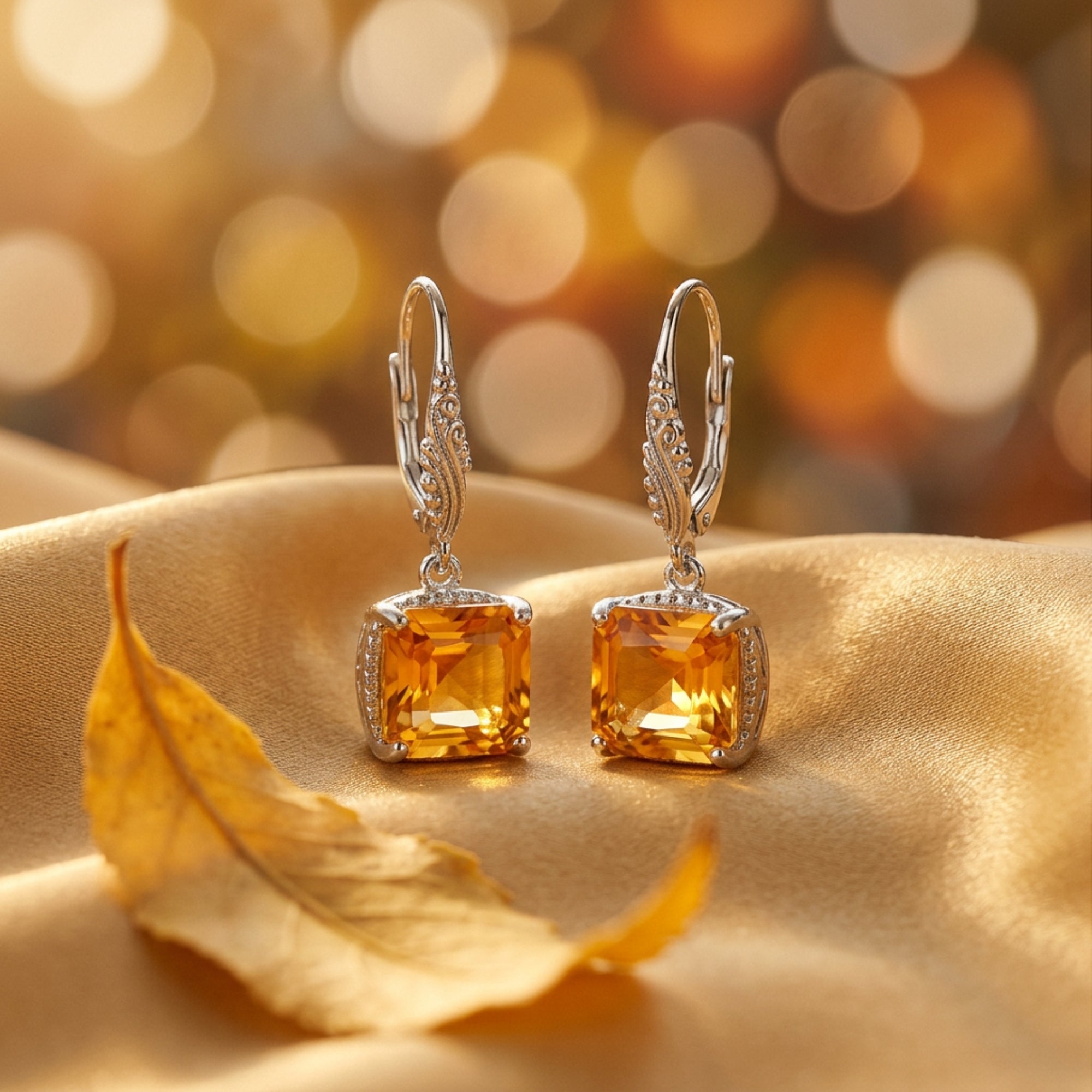 Close-up of square cut natural citrine drop earrings in silver, highlighting the honeyed light of the gemstones.