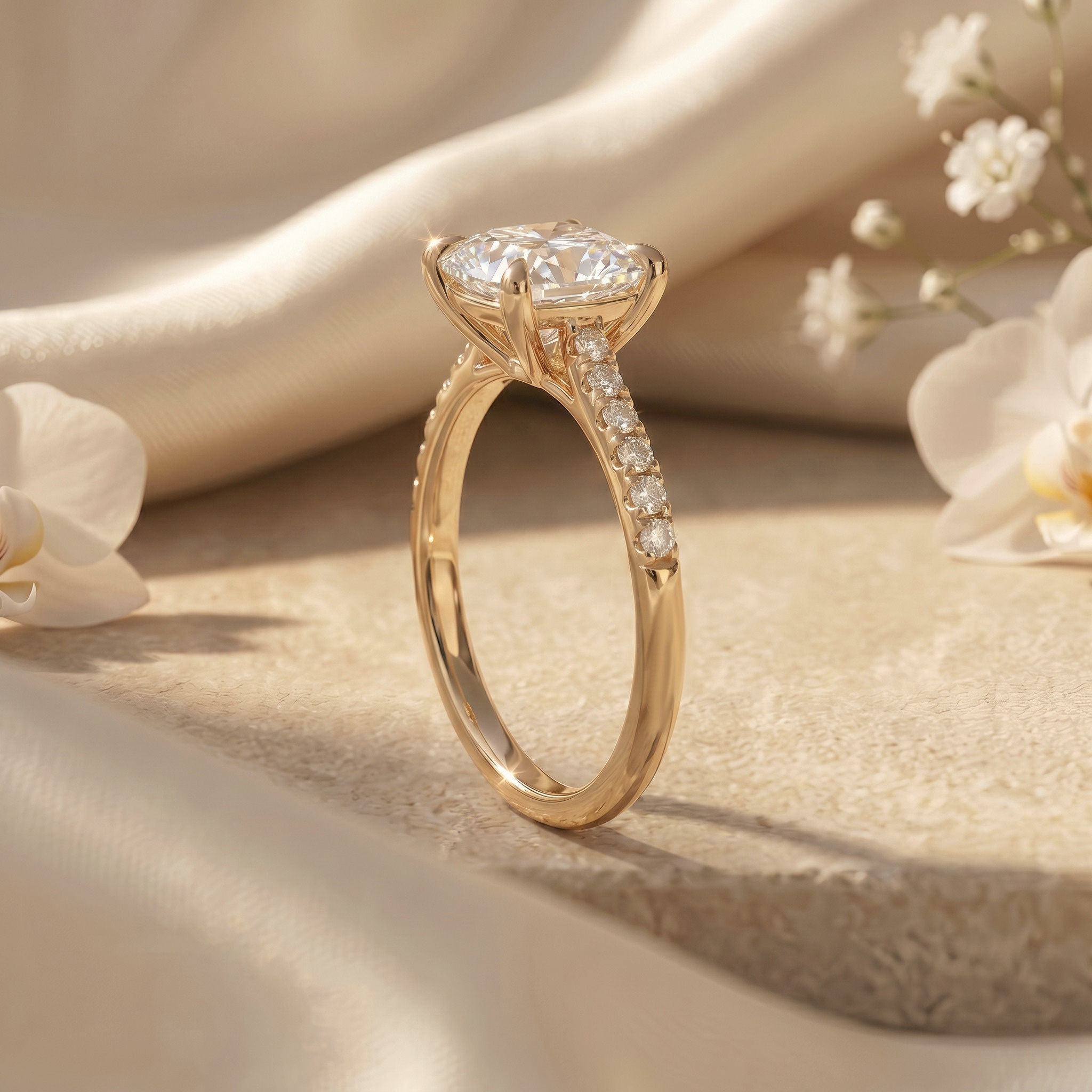 Side profile view of a yellow gold cushion-cut moissanite ring highlighting its elegant four-prong setting and pavé band.