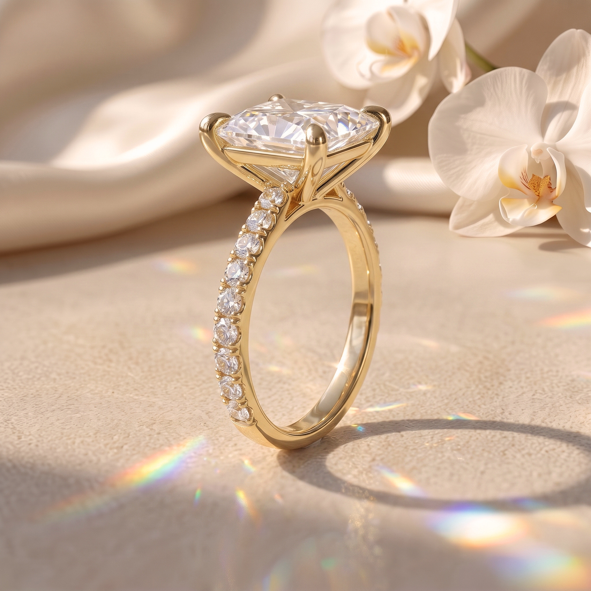 A side profile view of a princess-cut moissanite engagement ring with a yellow gold pave band.