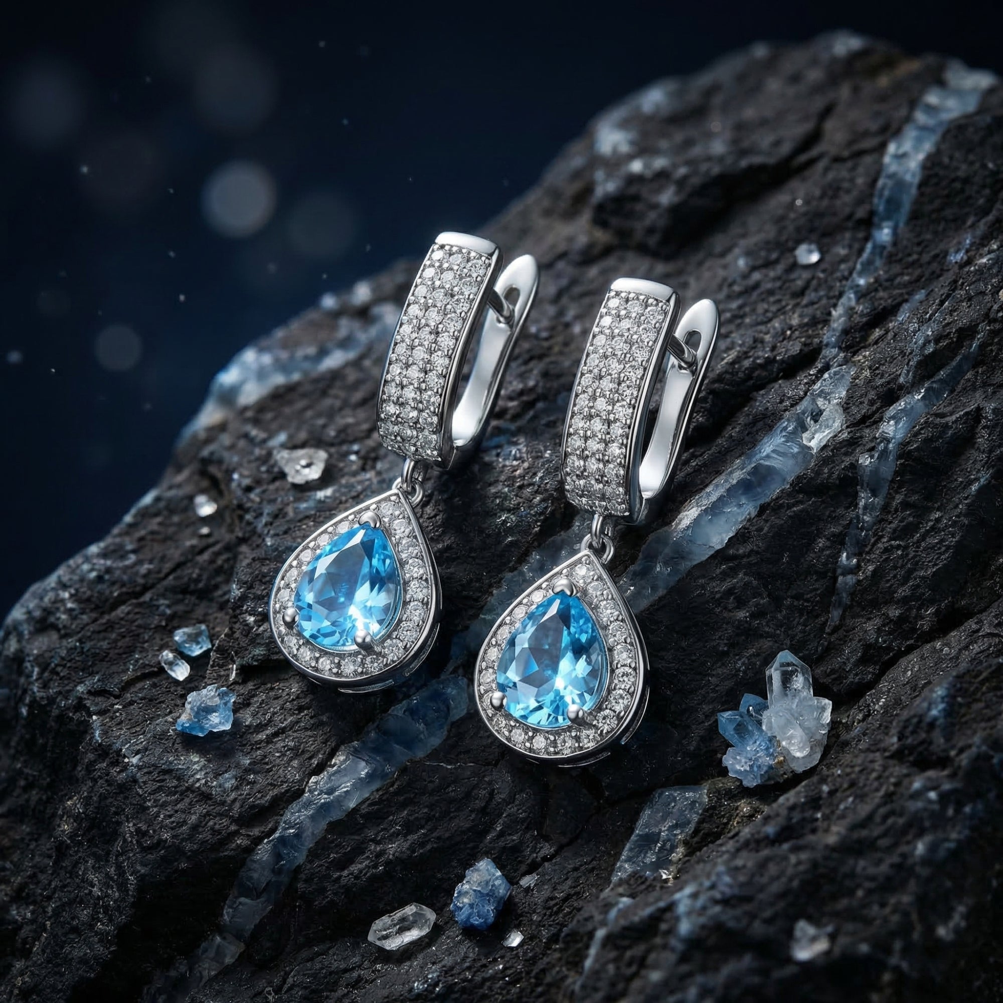 Detailed view of pear cut Swiss blue topaz drop earrings with pavé silver hoops on a dark rocky surface.