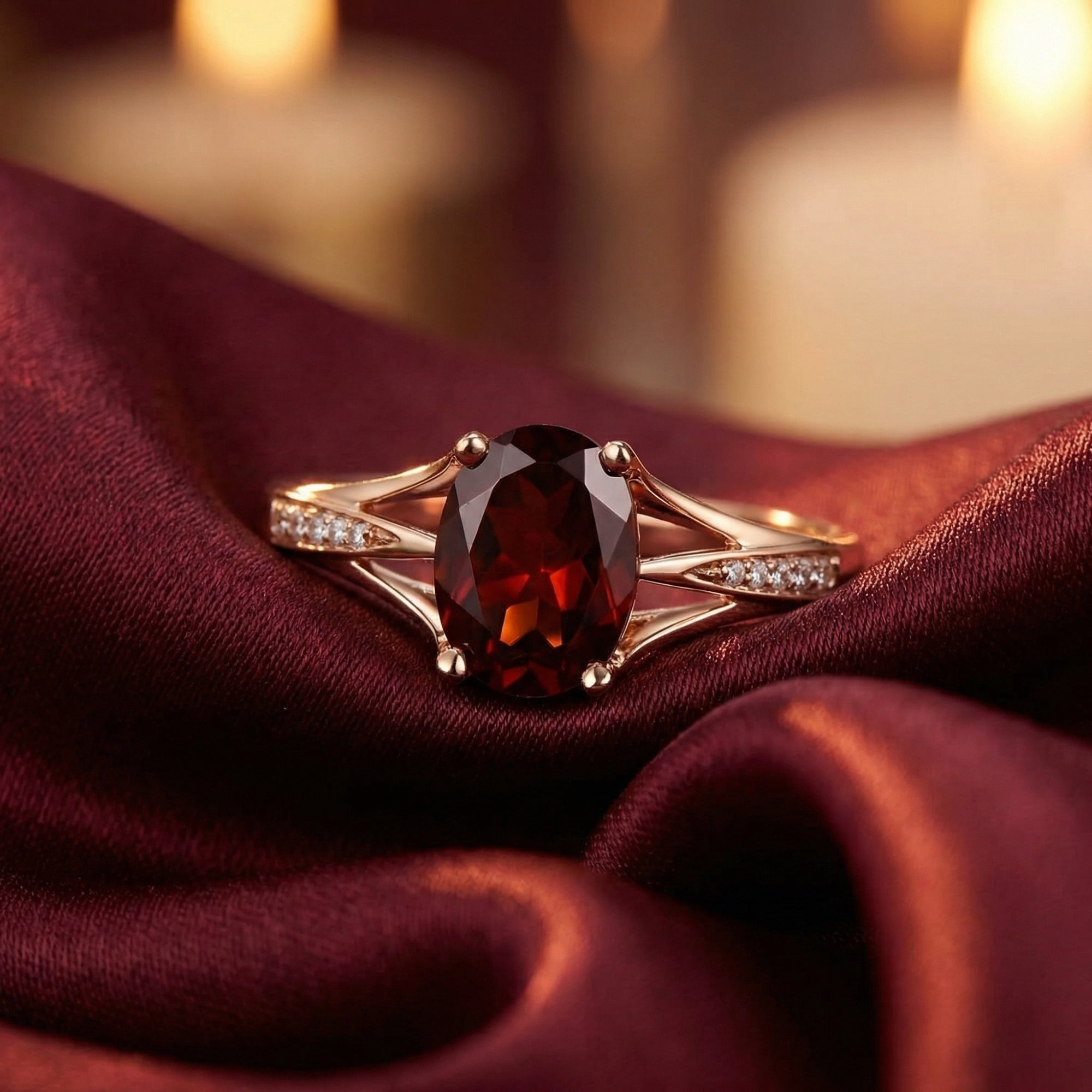 Close-up of a 1.5-carat oval natural garnet set in an 18K rose gold split-shank ring with diamond accents.