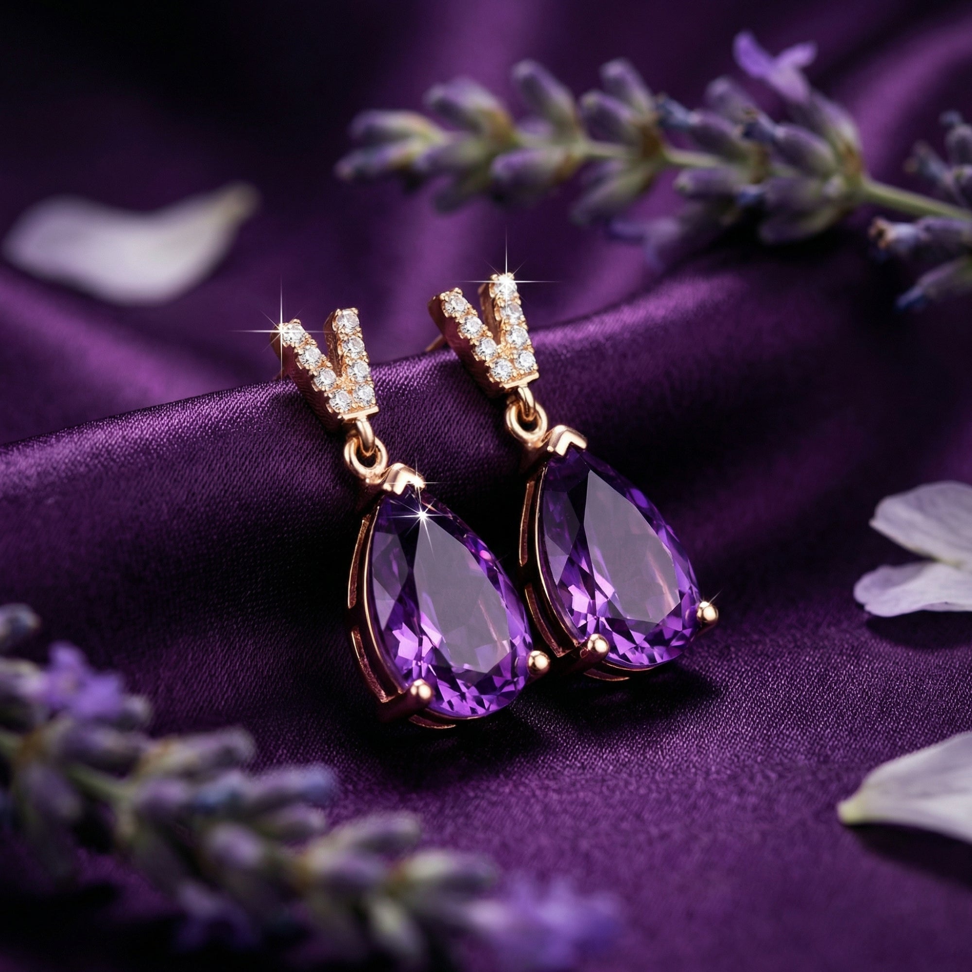 Macro view of pear cut amethyst drop earrings in 18k rose gold showing the faceted stones and diamond accents.