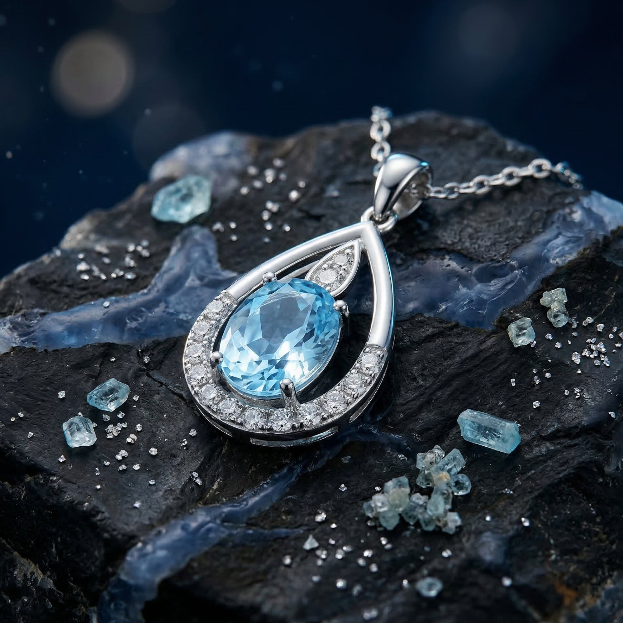 Macro view of an oval cut blue topaz set in a silver teardrop pendant with small accent stones on a rock.