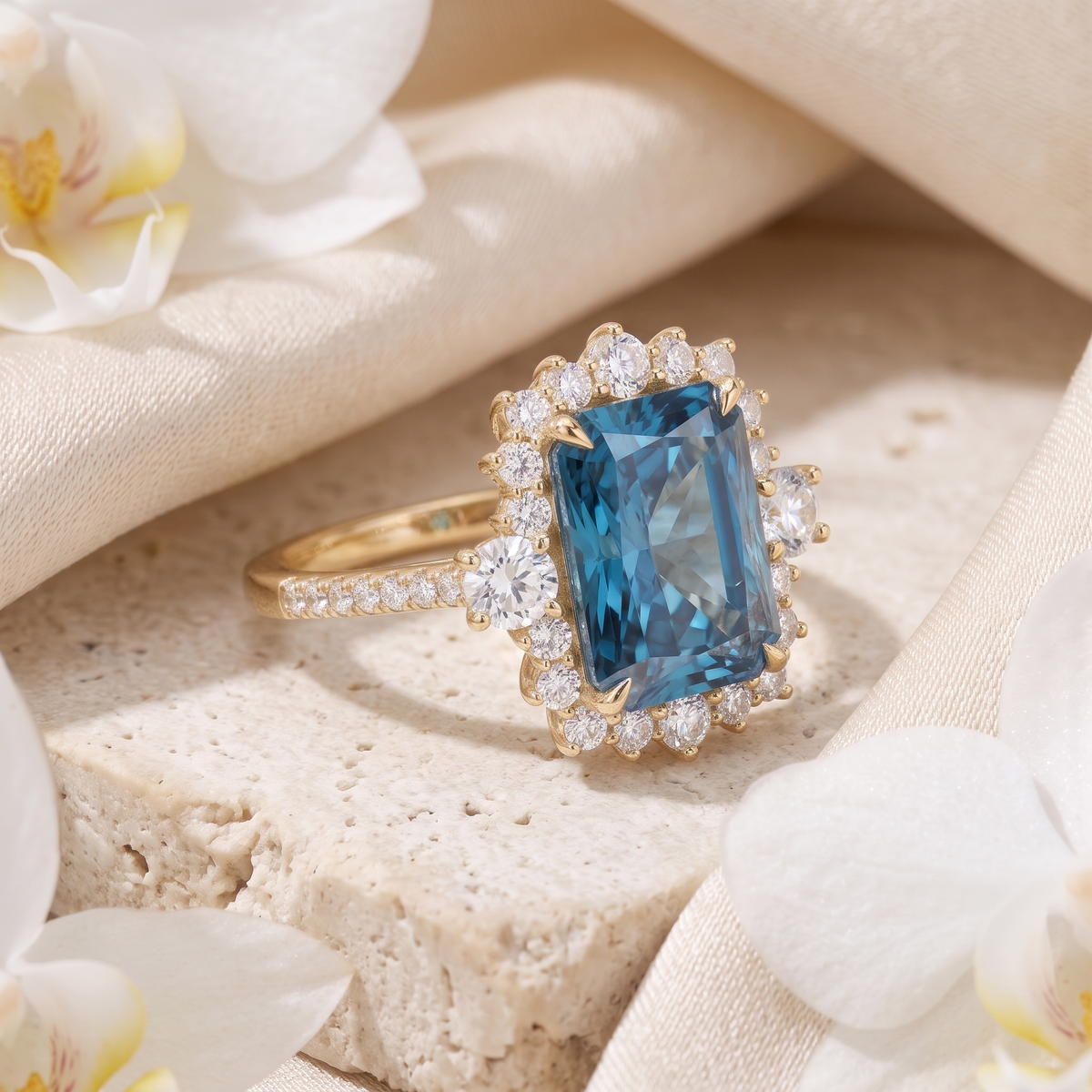 Angled view of a blue radiant cut moissanite halo ring in yellow gold.