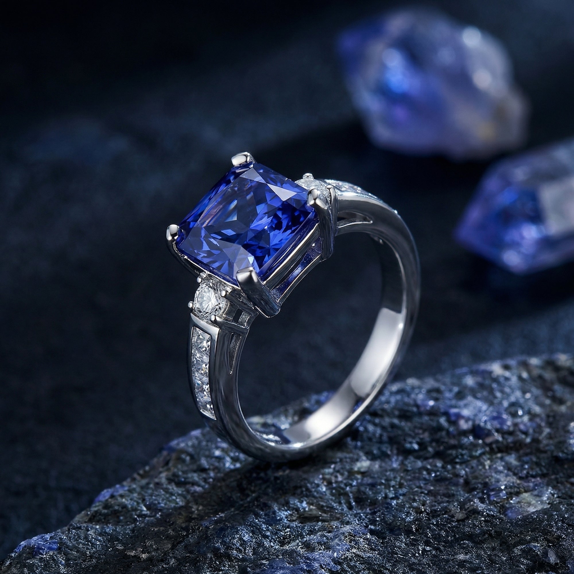 Side view of the Adelina princess cut tanzanite ring in sterling silver showing the channel-set band.