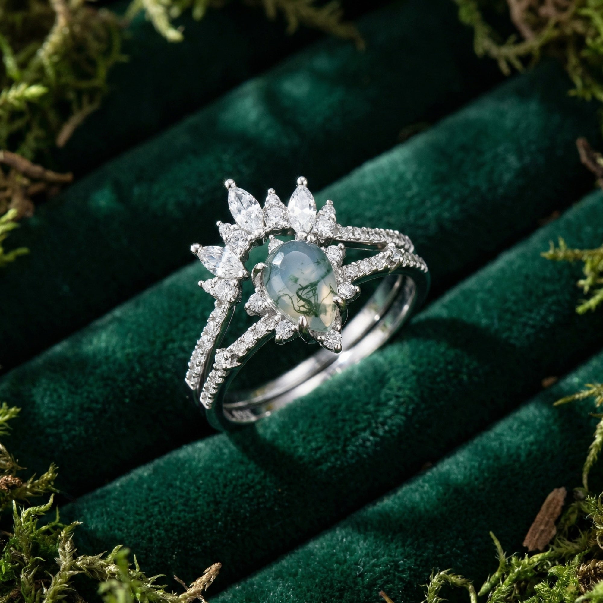 Frosted Kite Cut Moss Agaat Marquise Diamant Zilveren Ring Set - S925 Sterling Zilver