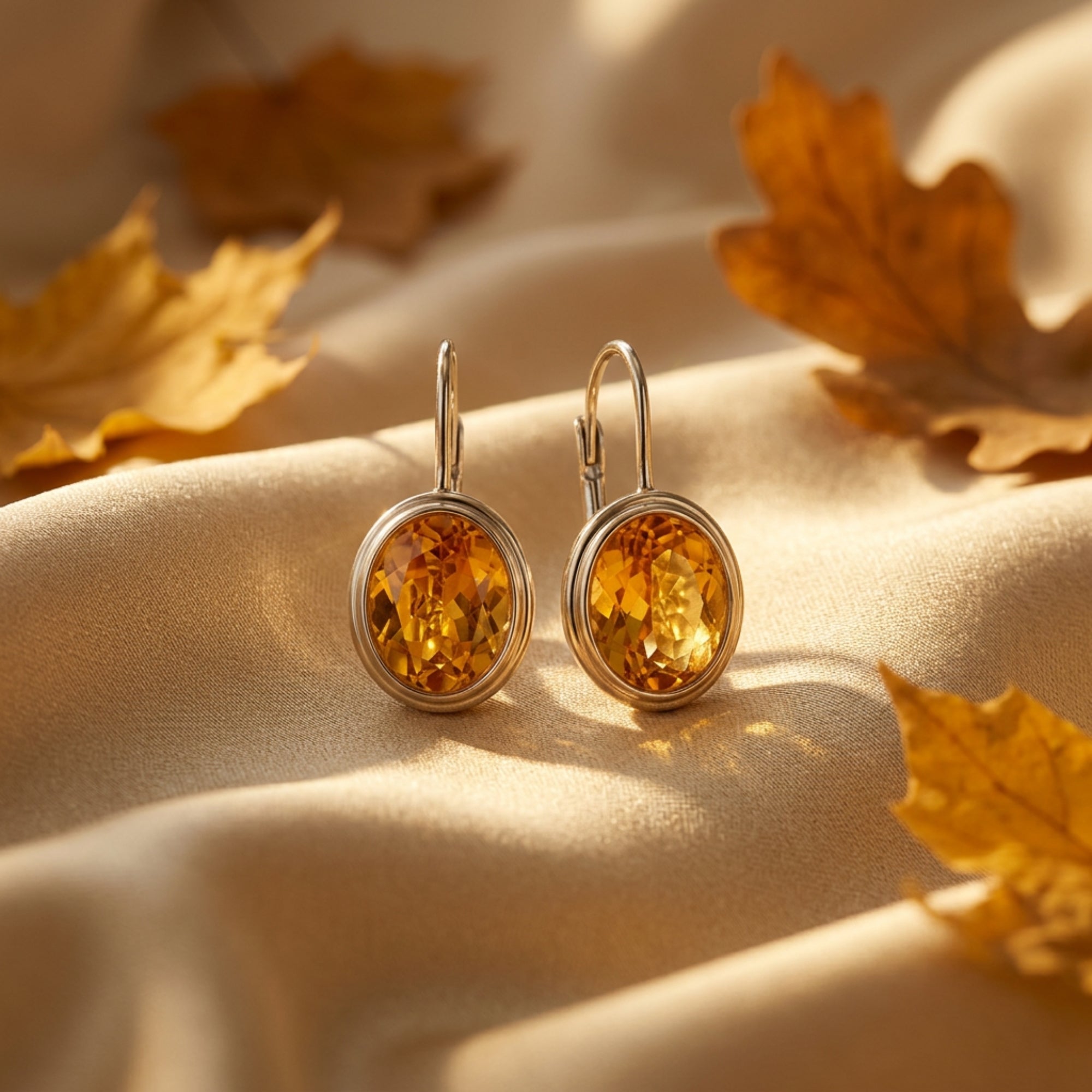 Pair of sterling silver oval natural citrine drop earrings displayed on fabric with autumn leaves.