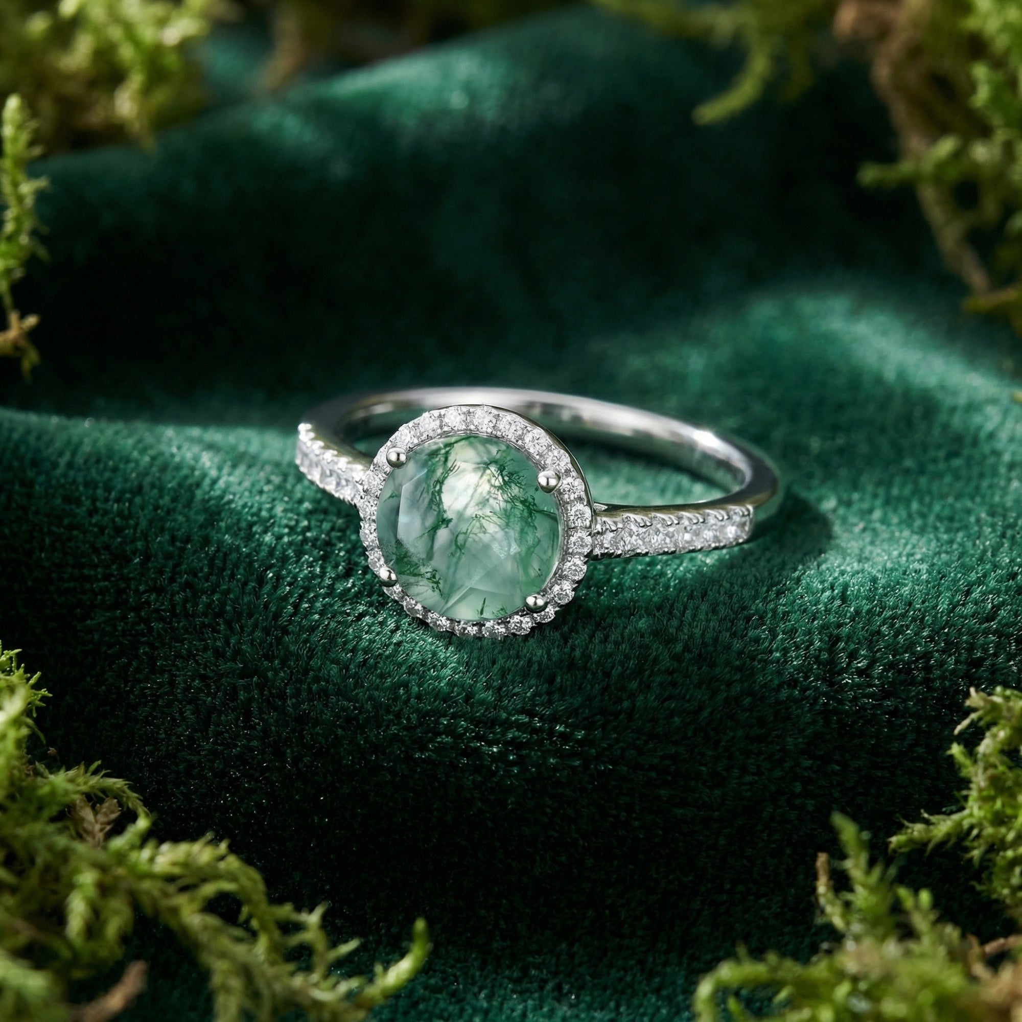 Ovaler Ring aus natürlichem Moosachat und Diamanten – S925 Sterling Silber