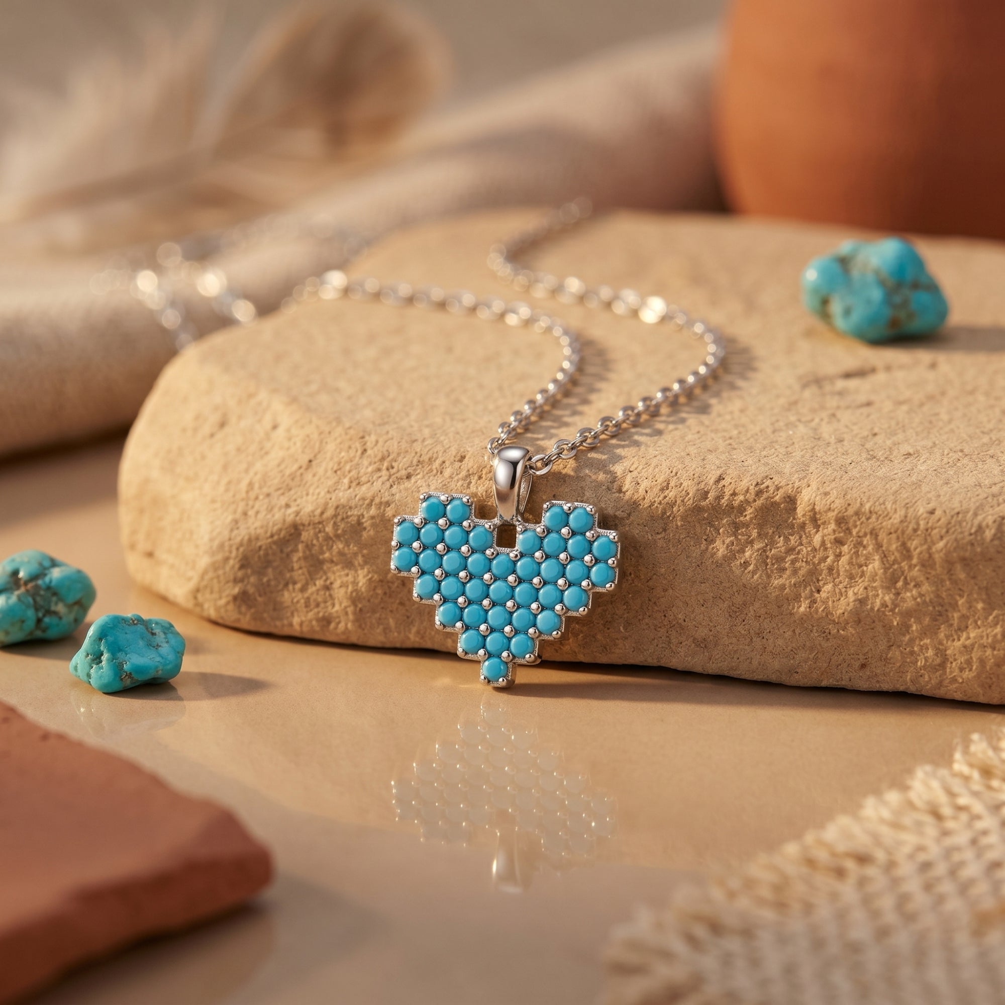 Close-up of a silver heart pendant featuring small round turquoise stones on a desert-themed background.