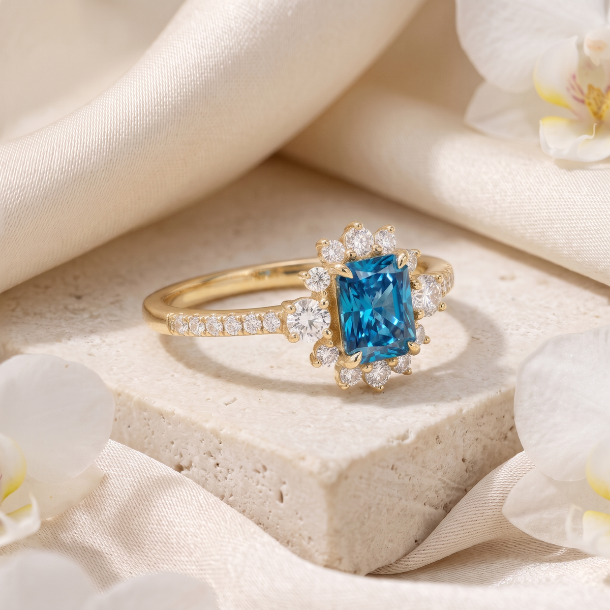 Angled perspective of yellow gold radiant-cut blue moissanite halo ring on textured stone pedestal.