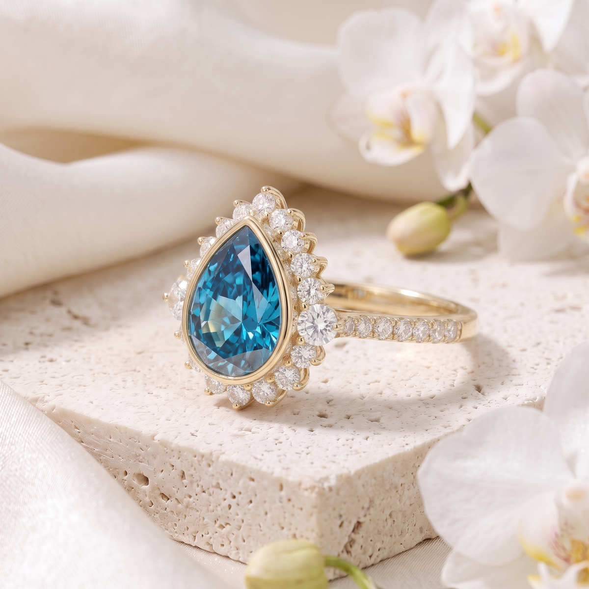 Angled side view of a pear cut blue moissanite halo ring in yellow gold on a stone pedestal.