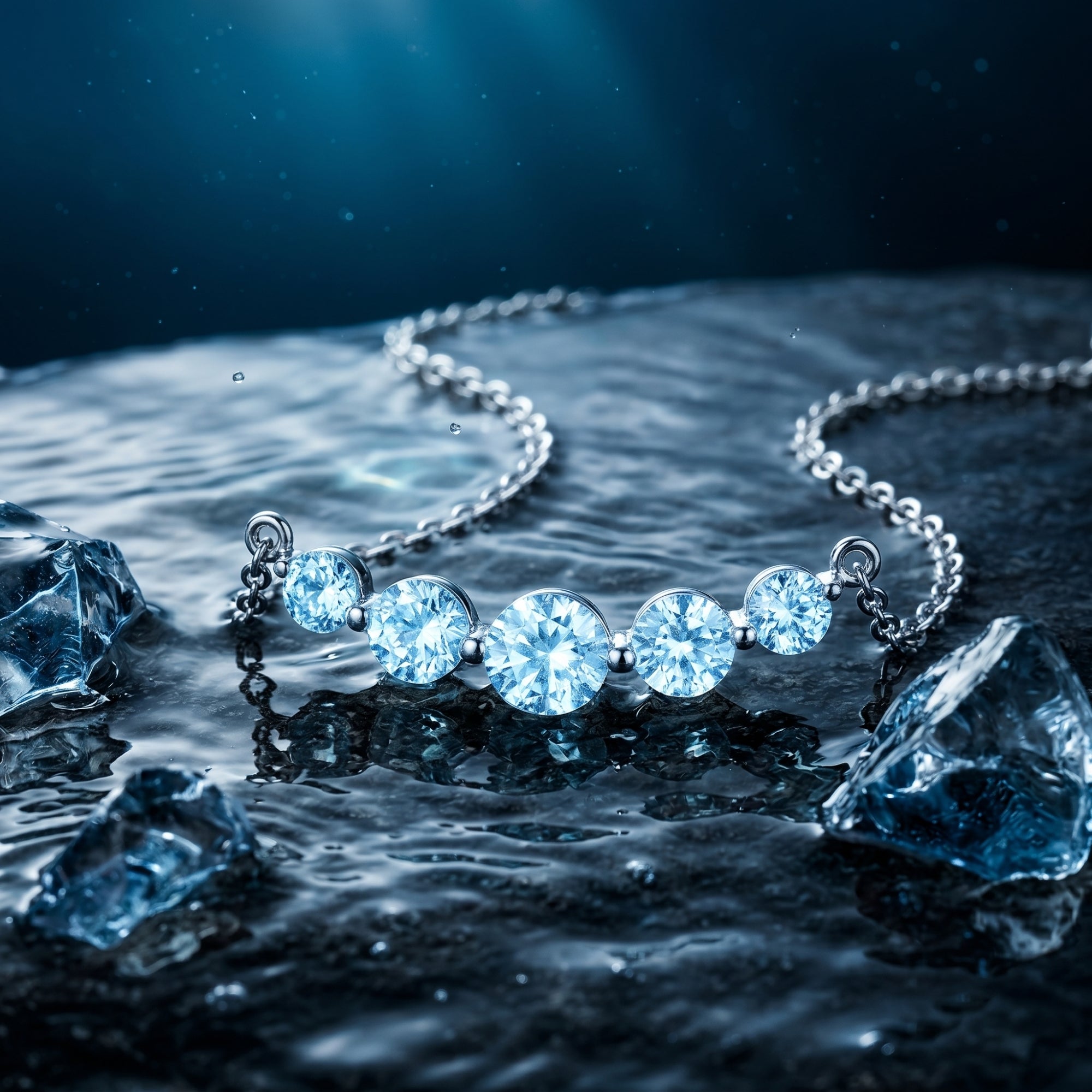 Macro view of the graduated round cut aquamarine pendant in platinum on a wet dark stone background.