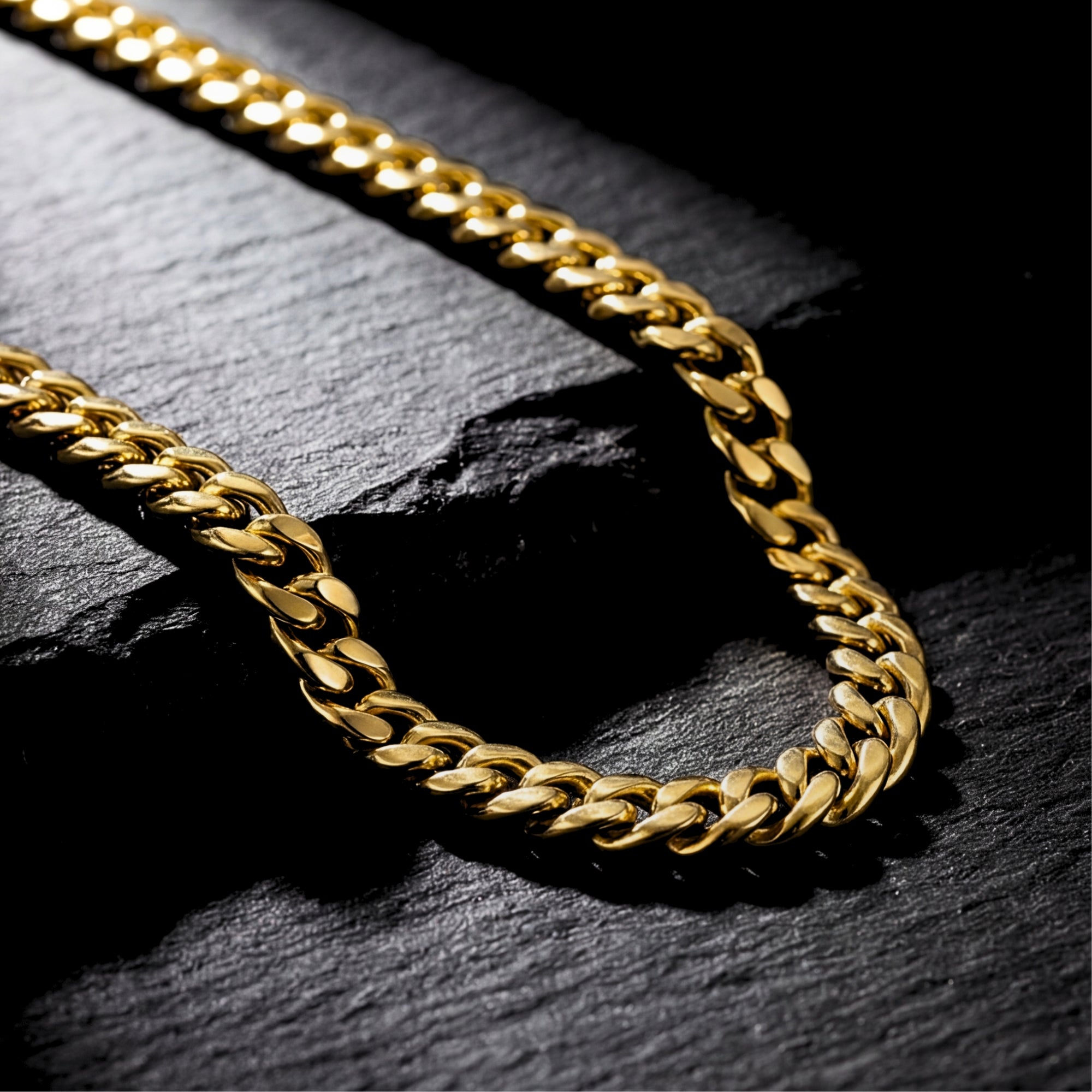Close-up detail of the 8mm gold Cuban chain links crafted from premium stainless steel.
