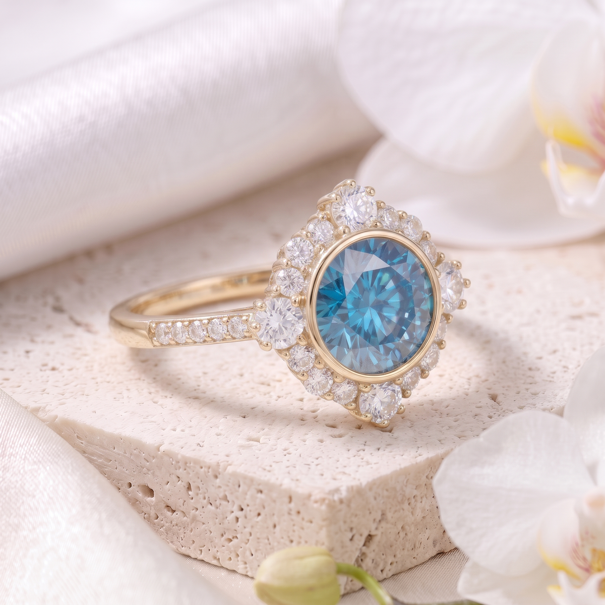 Angled perspective of a round blue moissanite halo engagement ring in yellow gold on a stone pedestal.