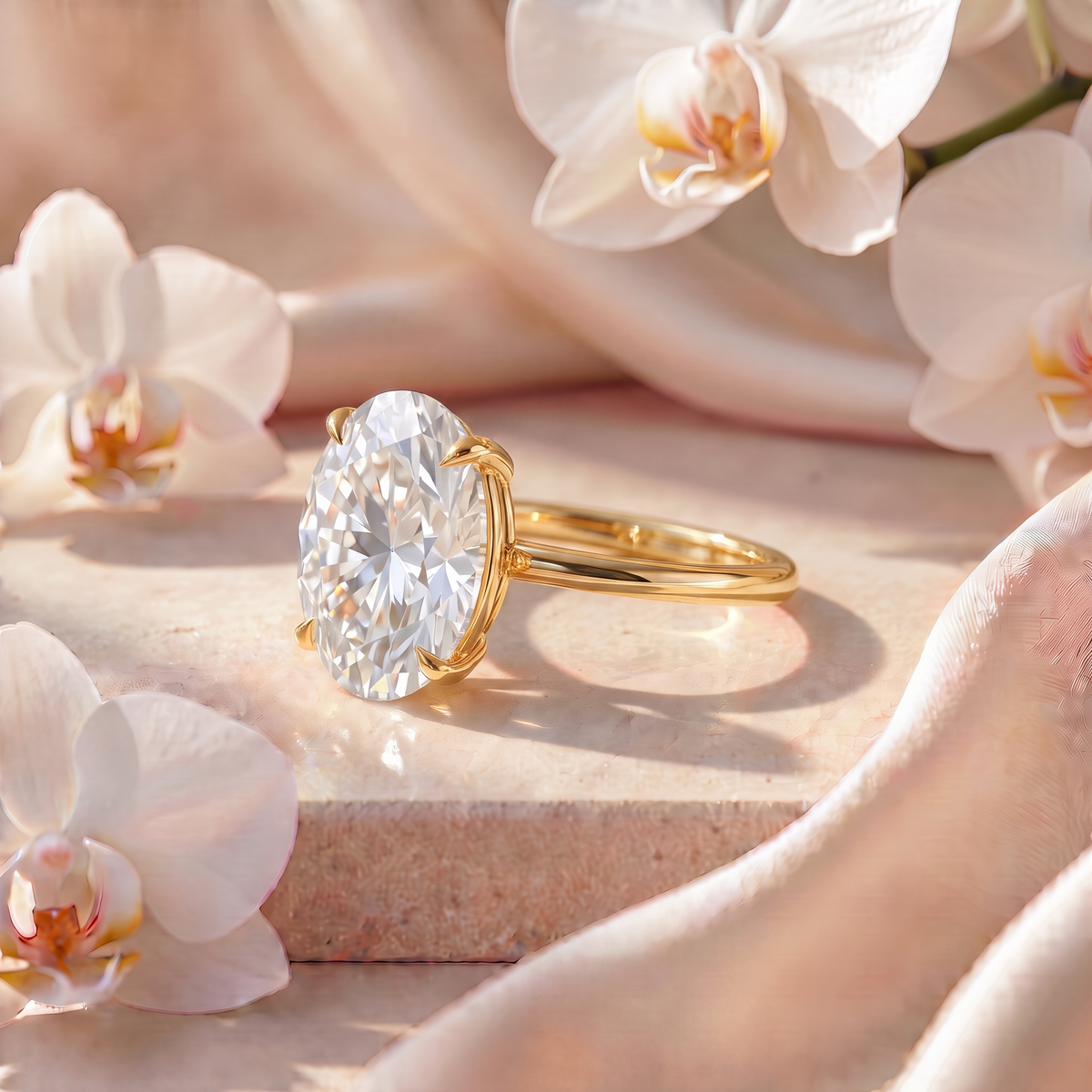 Side profile view of the yellow gold oval moissanite solitaire engagement ring on a marble display.