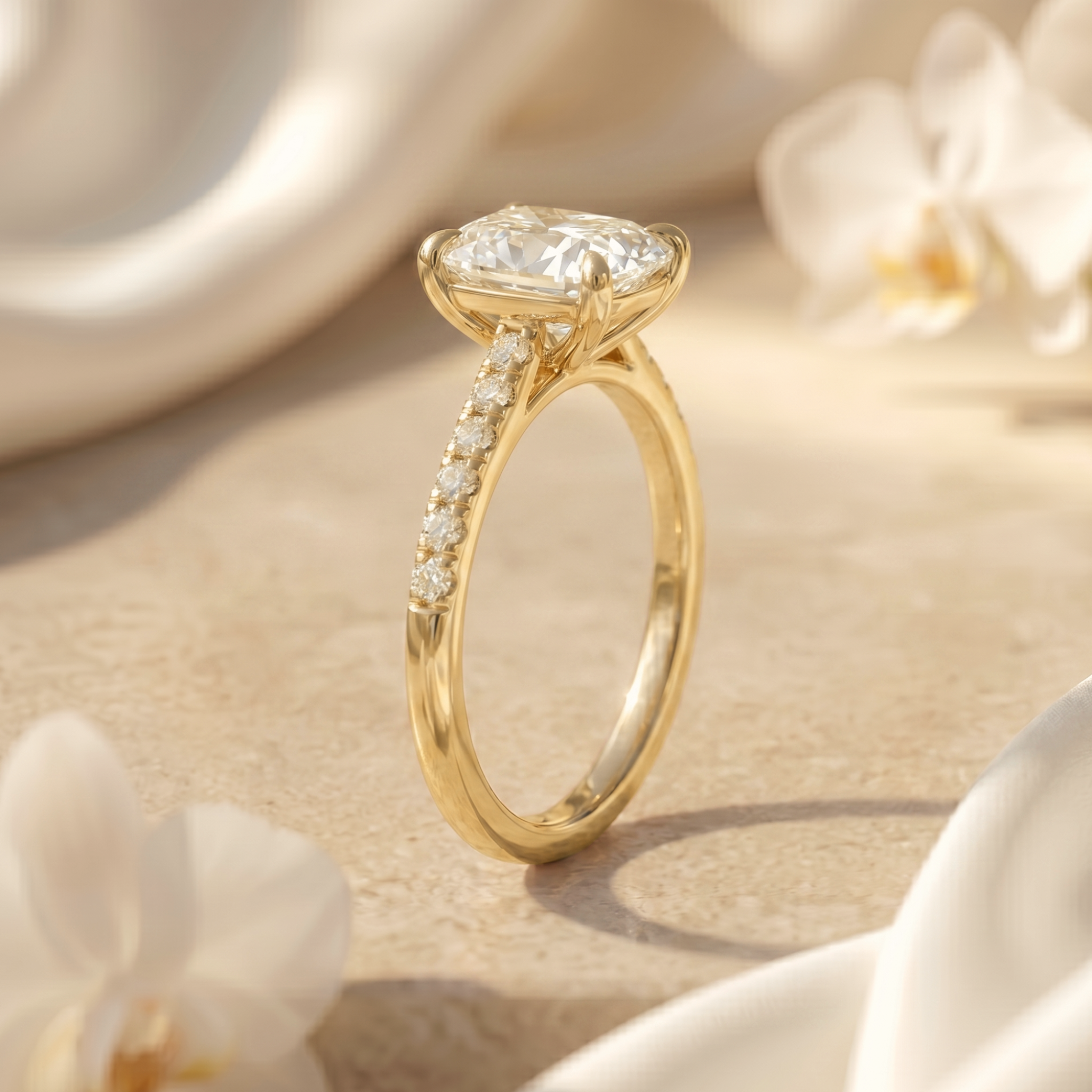 Profile view of a cushion-cut moissanite engagement ring in yellow gold, showcasing the pavé band and secure prong setting.
