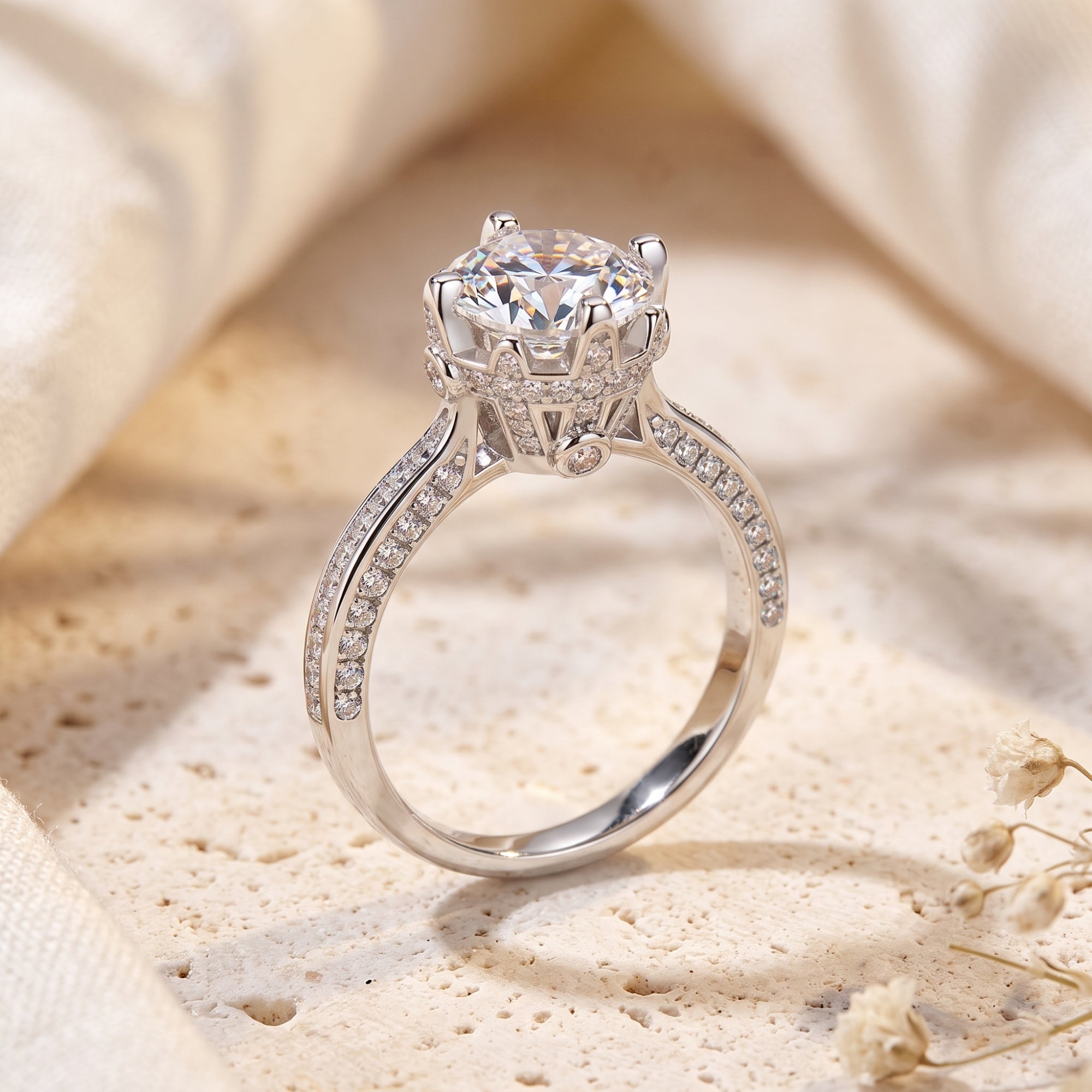 Detailed side view of the S925 silver cathedral ring highlighting the intricate crown basket and pavé setting.