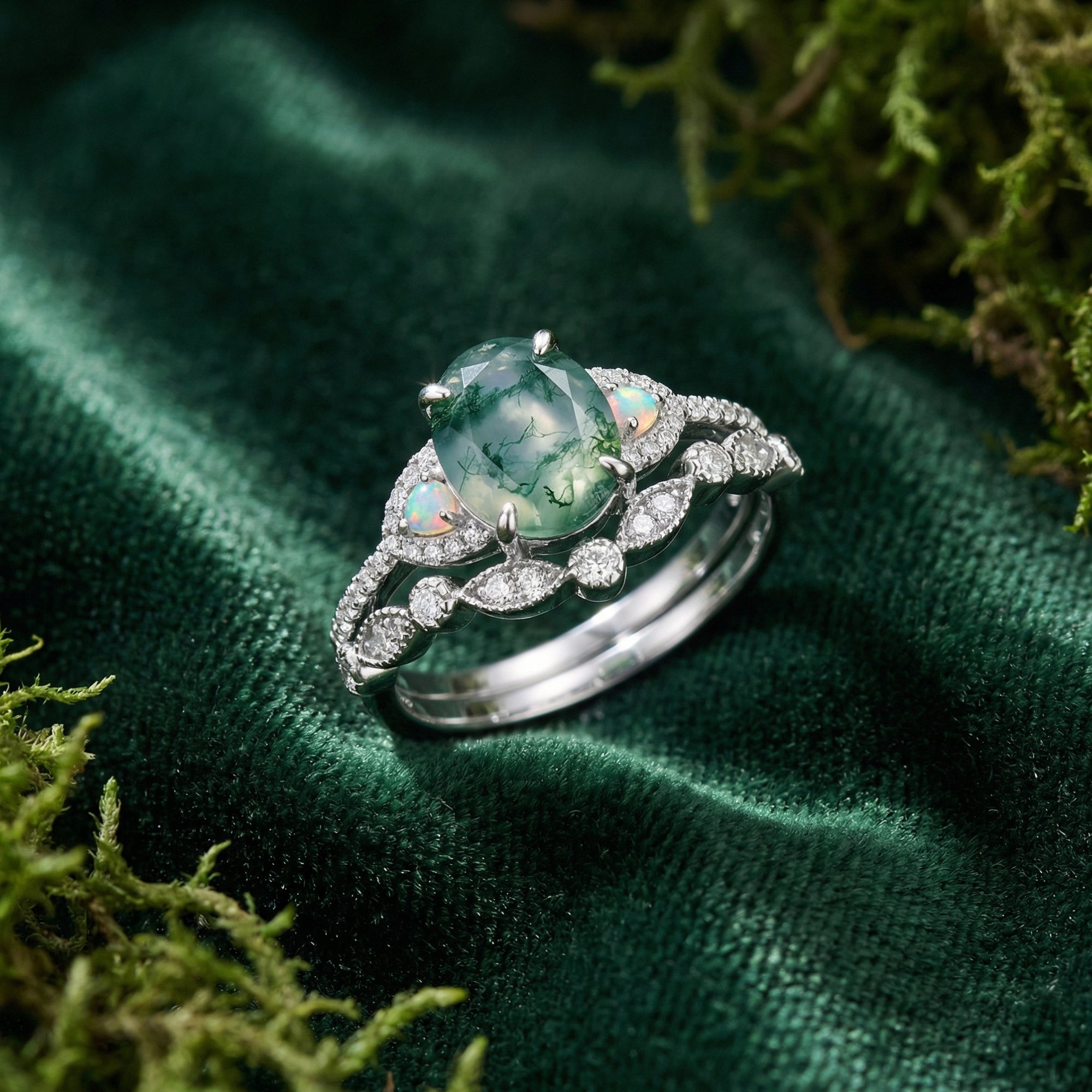 Angled view of a sterling silver ring set with an oval moss agate and curved diamond band on green velvet.