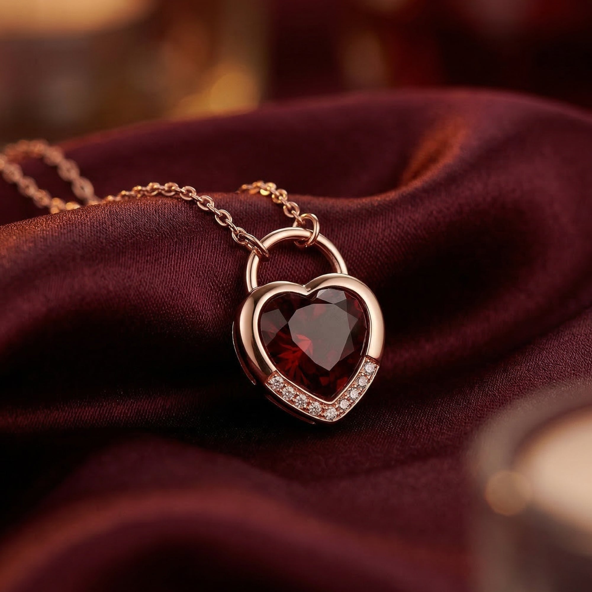 Close-up of the heart-shaped natural garnet and diamond accents in an 18K rose gold setting.