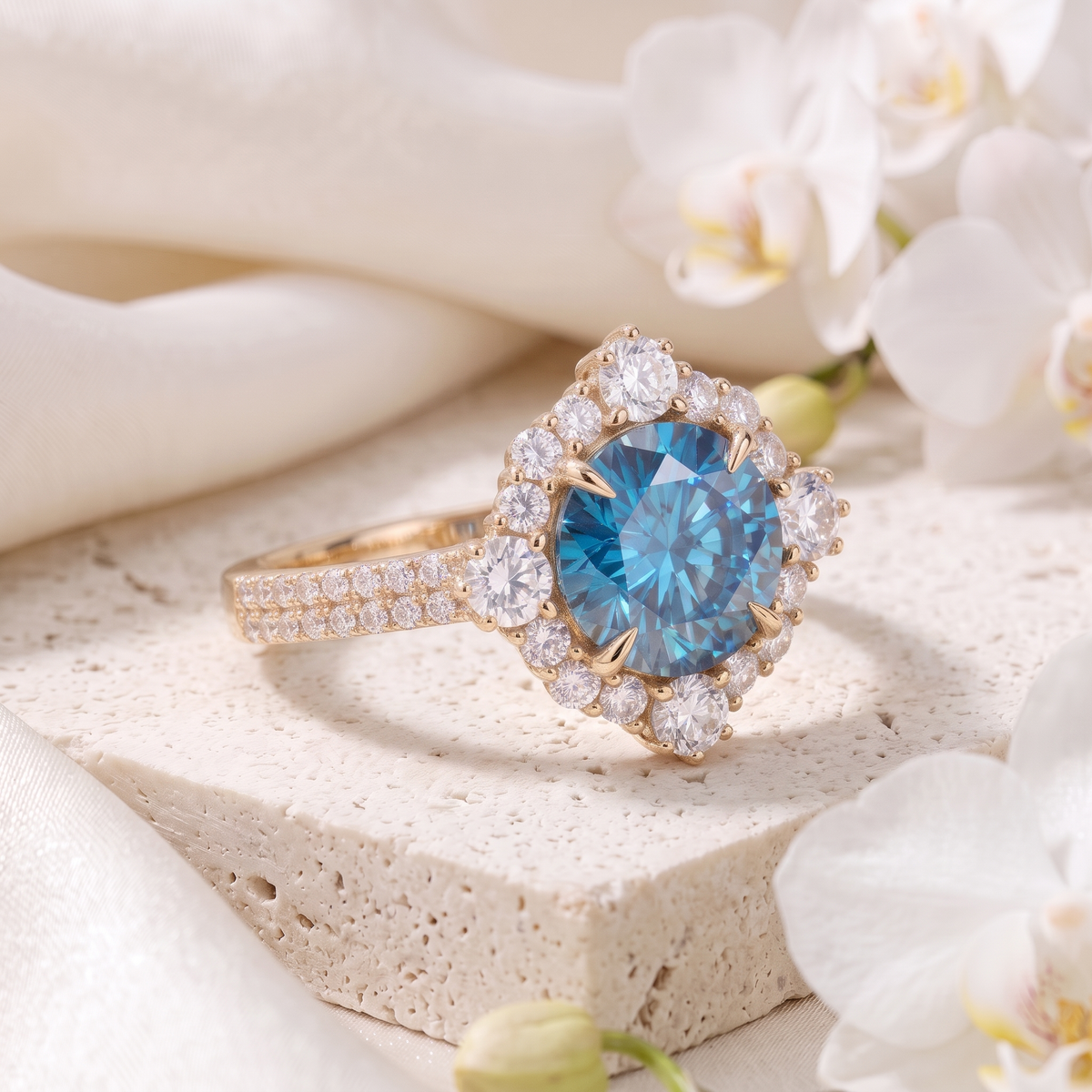 An angled profile view of a yellow gold blue moissanite halo ring showcasing the band and setting details.