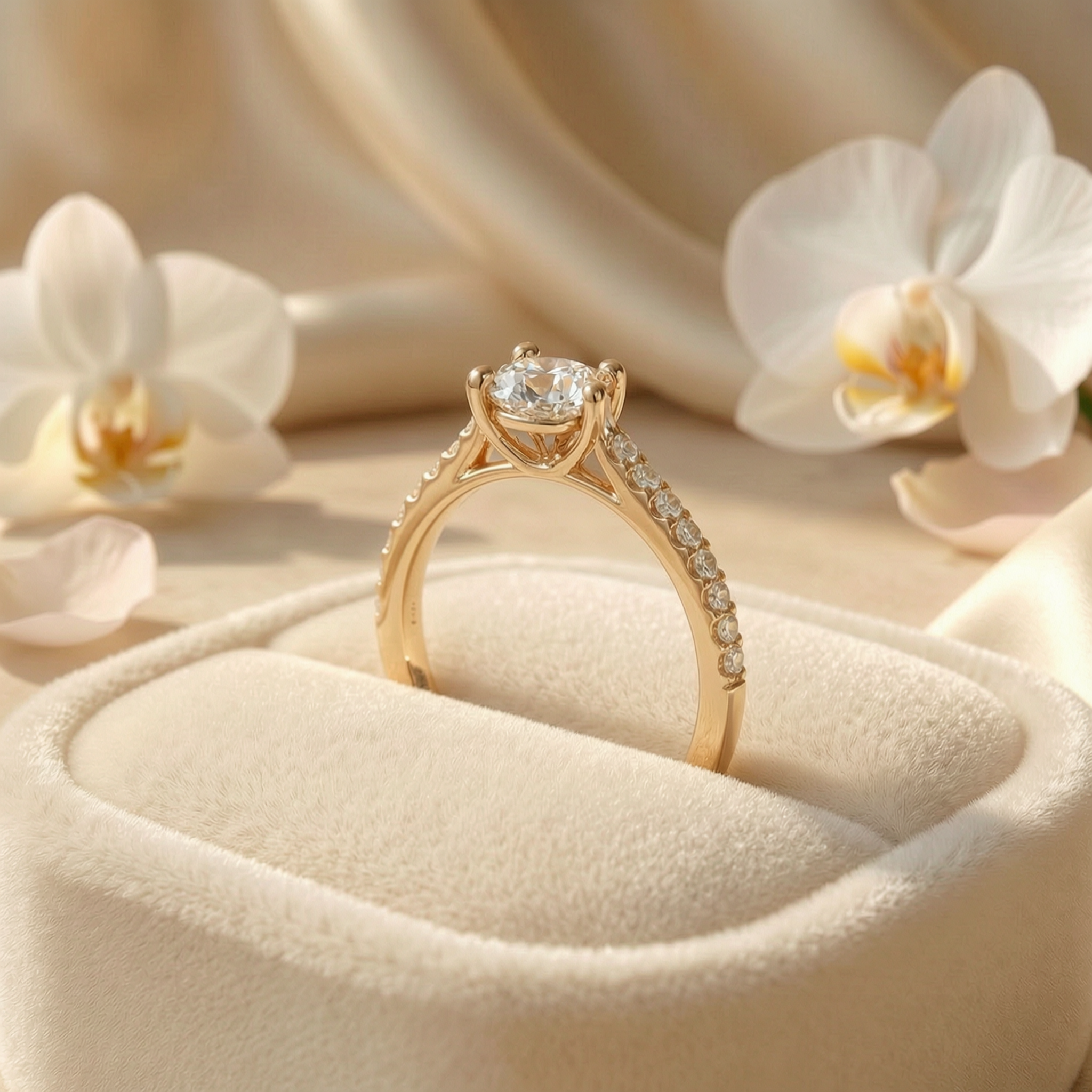 Side profile view of a yellow gold round-cut moissanite engagement ring featuring a sparkling pavé band in a velvet box.