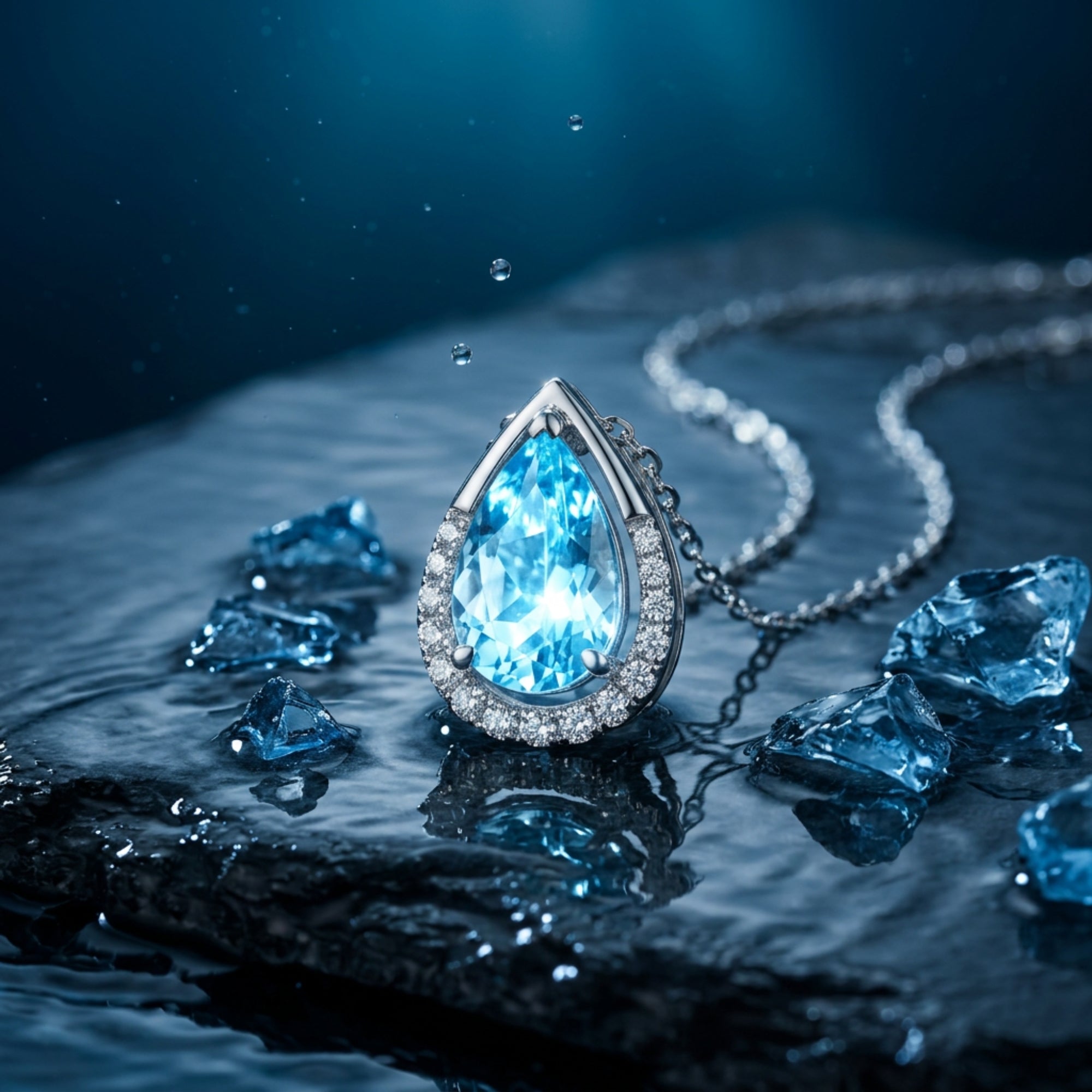 Close-up of a pear cut aquamarine pendant in 18K white gold with diamond halo on a wet, dark stone surface.