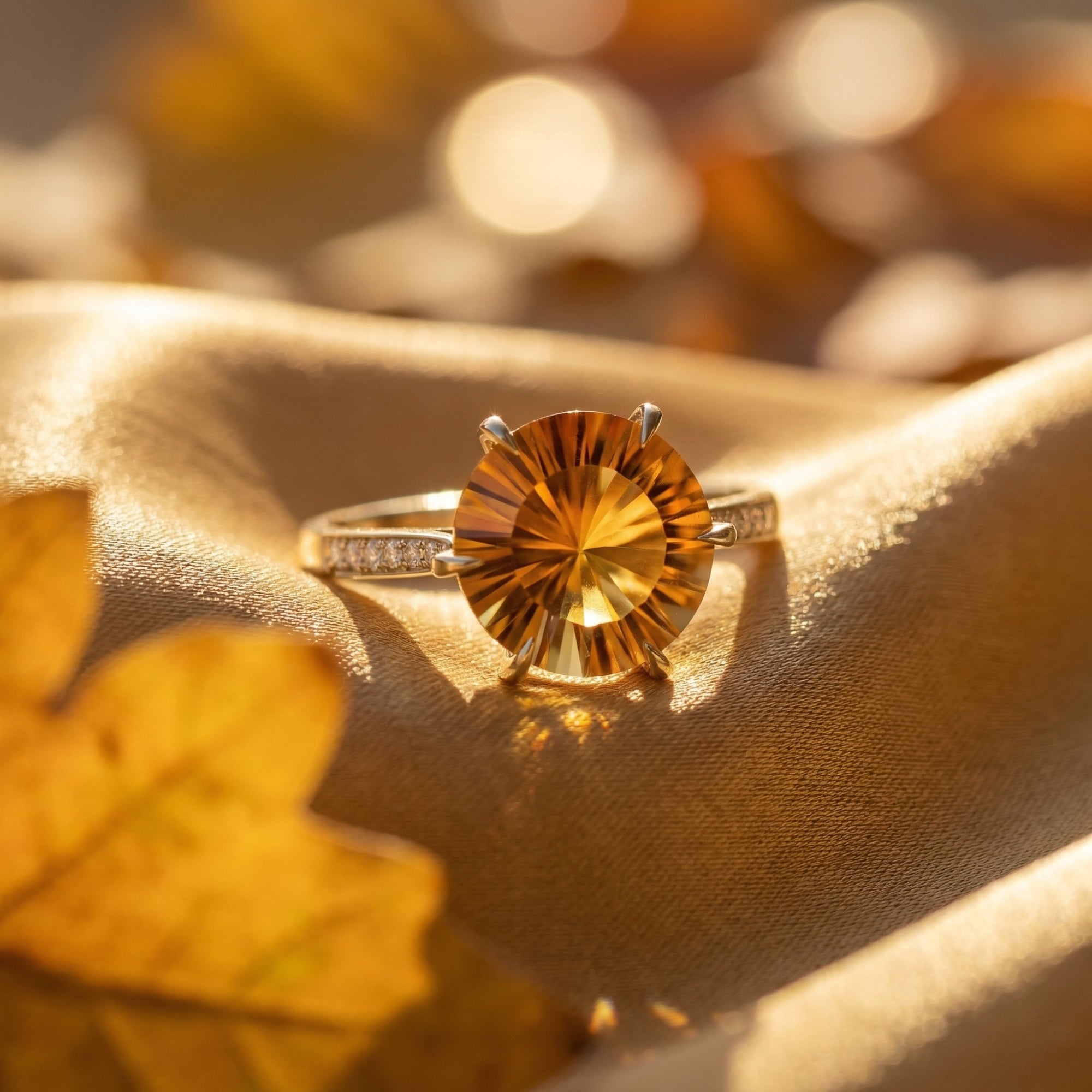 Close-up of a round faceted natural citrine set in an 18K yellow gold ring with pavé diamond accents.