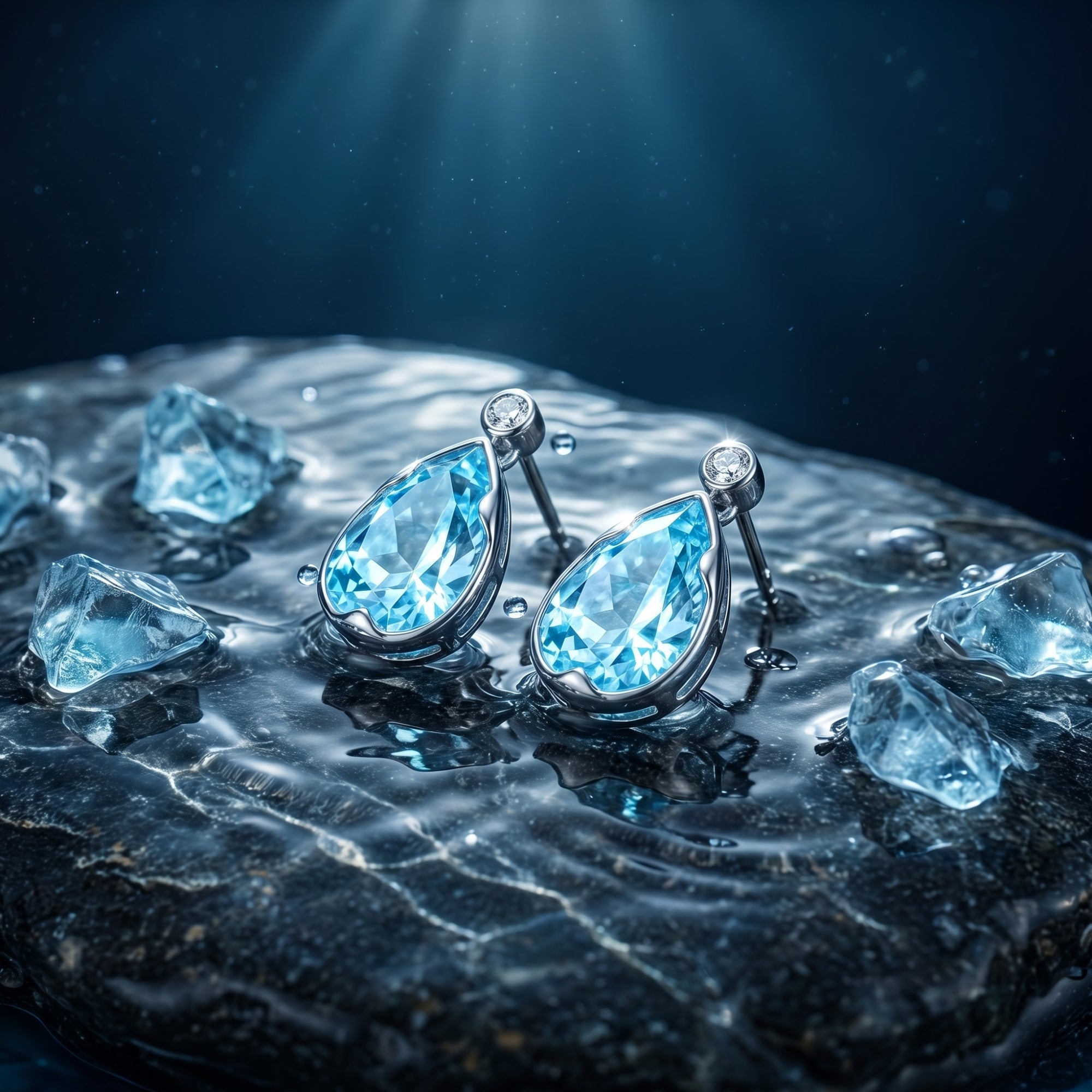 Close-up of pear cut aquamarine drop earrings in platinum, highlighting the watery blue brilliance of the stones.