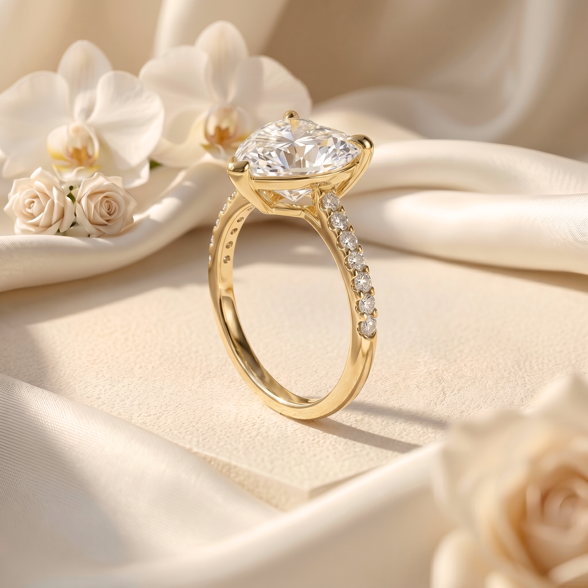 A detailed side-profile view of a yellow gold heart-shaped moissanite ring, showing the pave-set band and elegant basket setting on a textured surface.