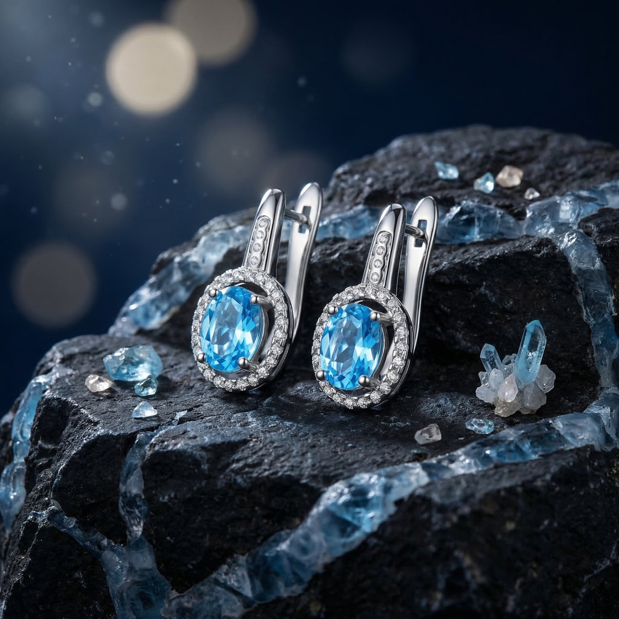 Pair of silver oval Swiss blue topaz halo earrings resting on a dark mineral rock with blue crystal accents.