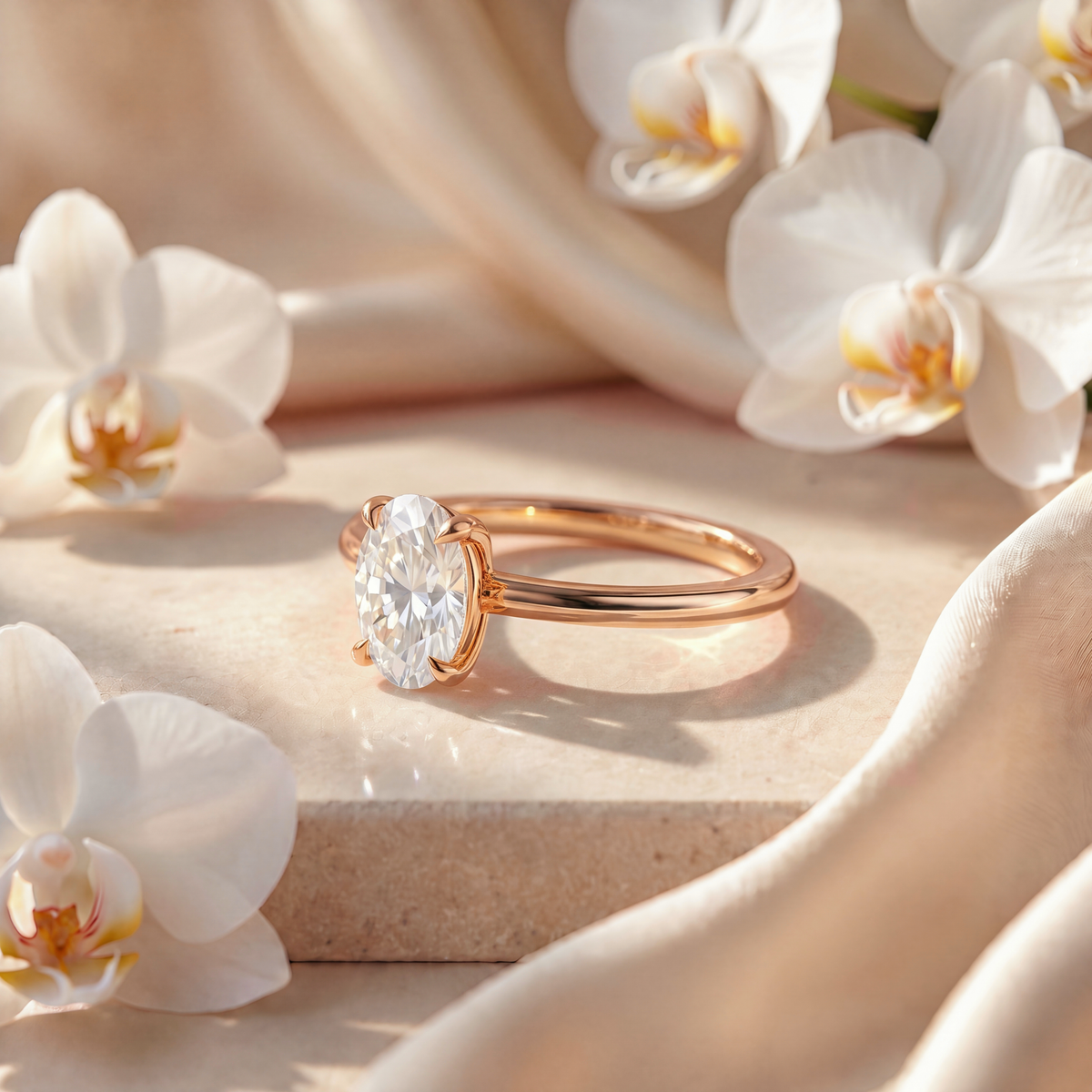 Side view of an oval moissanite solitaire engagement ring in yellow gold.