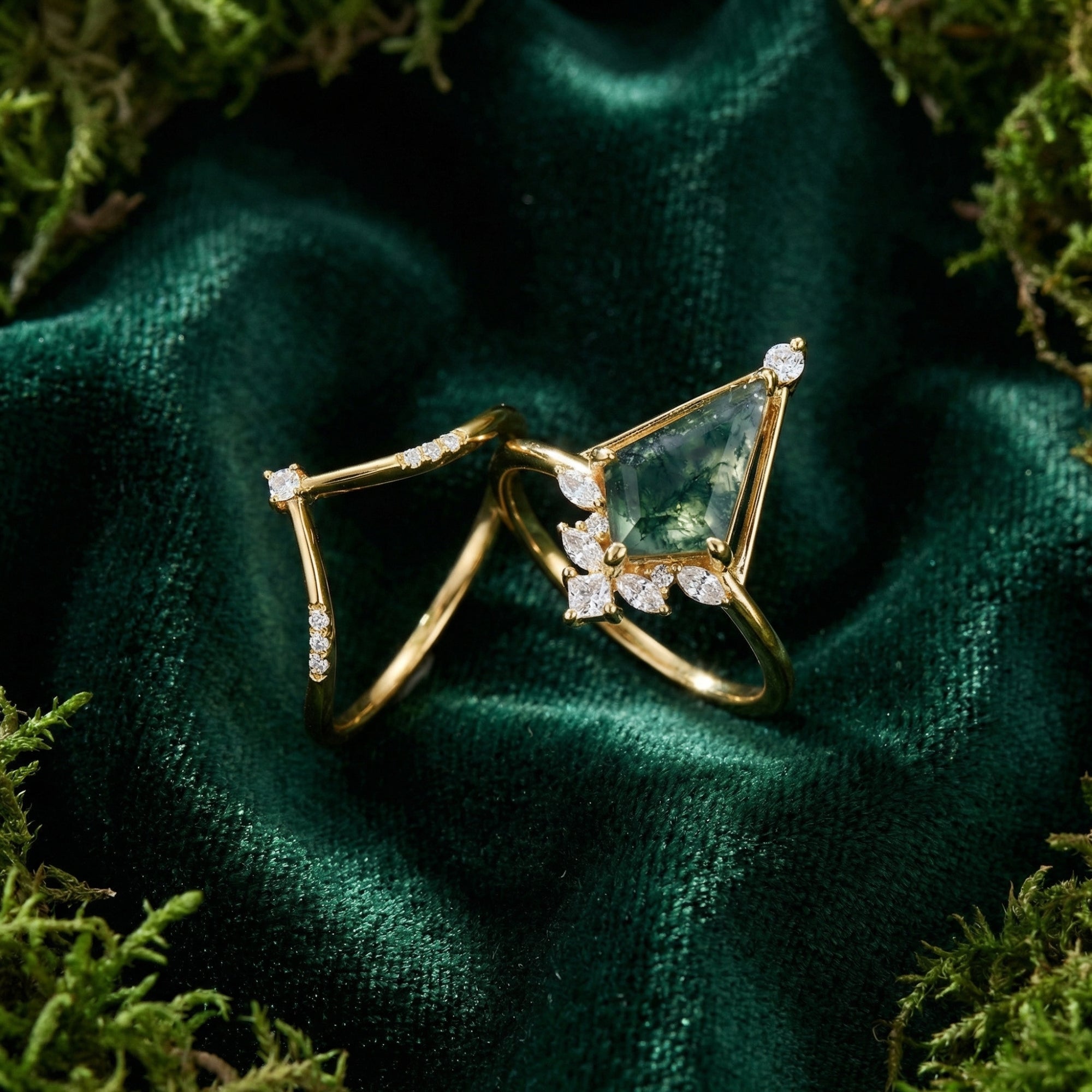 Two-piece gold-plated sterling silver ring set featuring a kite-cut moss agate and a diamond chevron band.