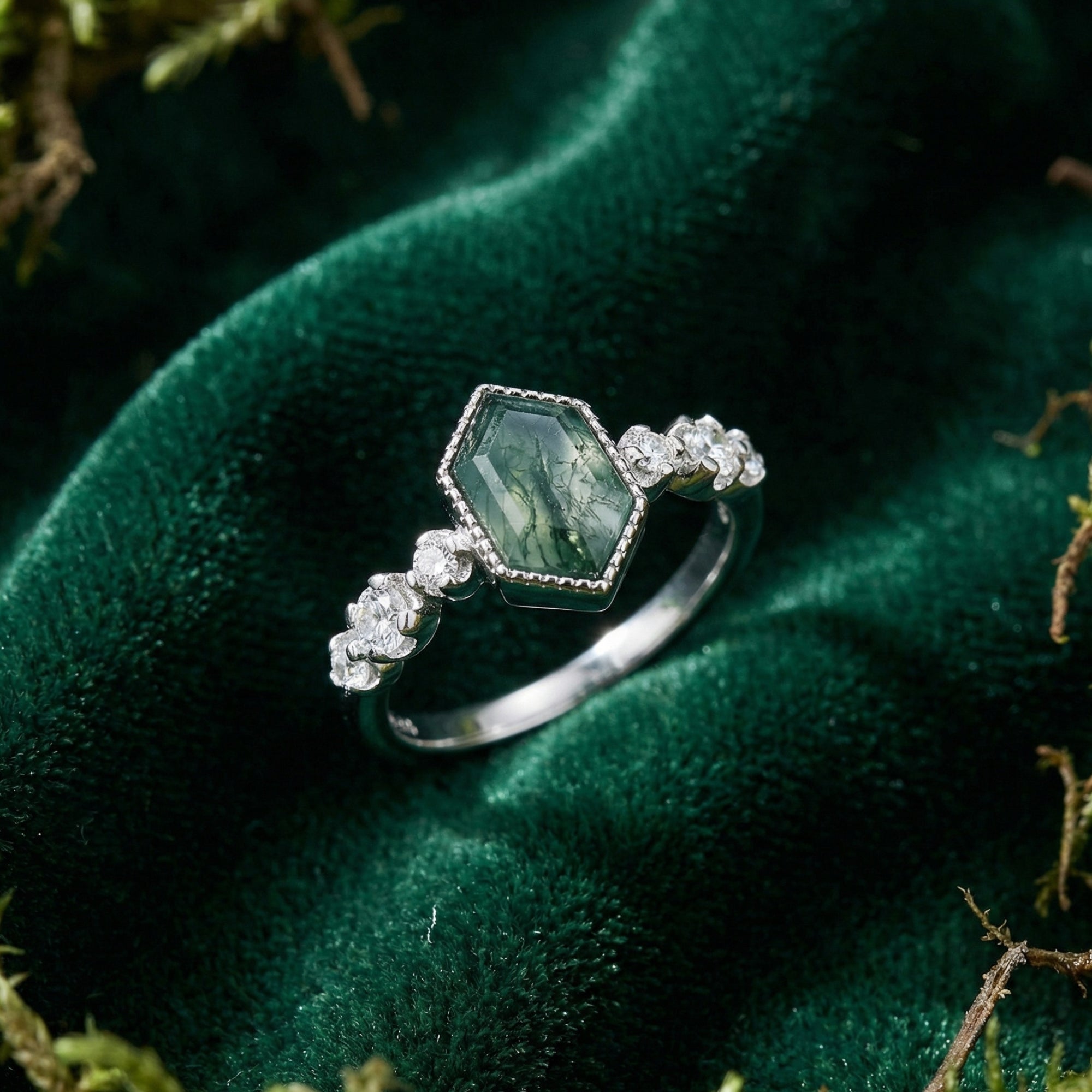 Serenity Kite Cut Moosachat & Diamant Ring Duo - S925 Sterling Silber