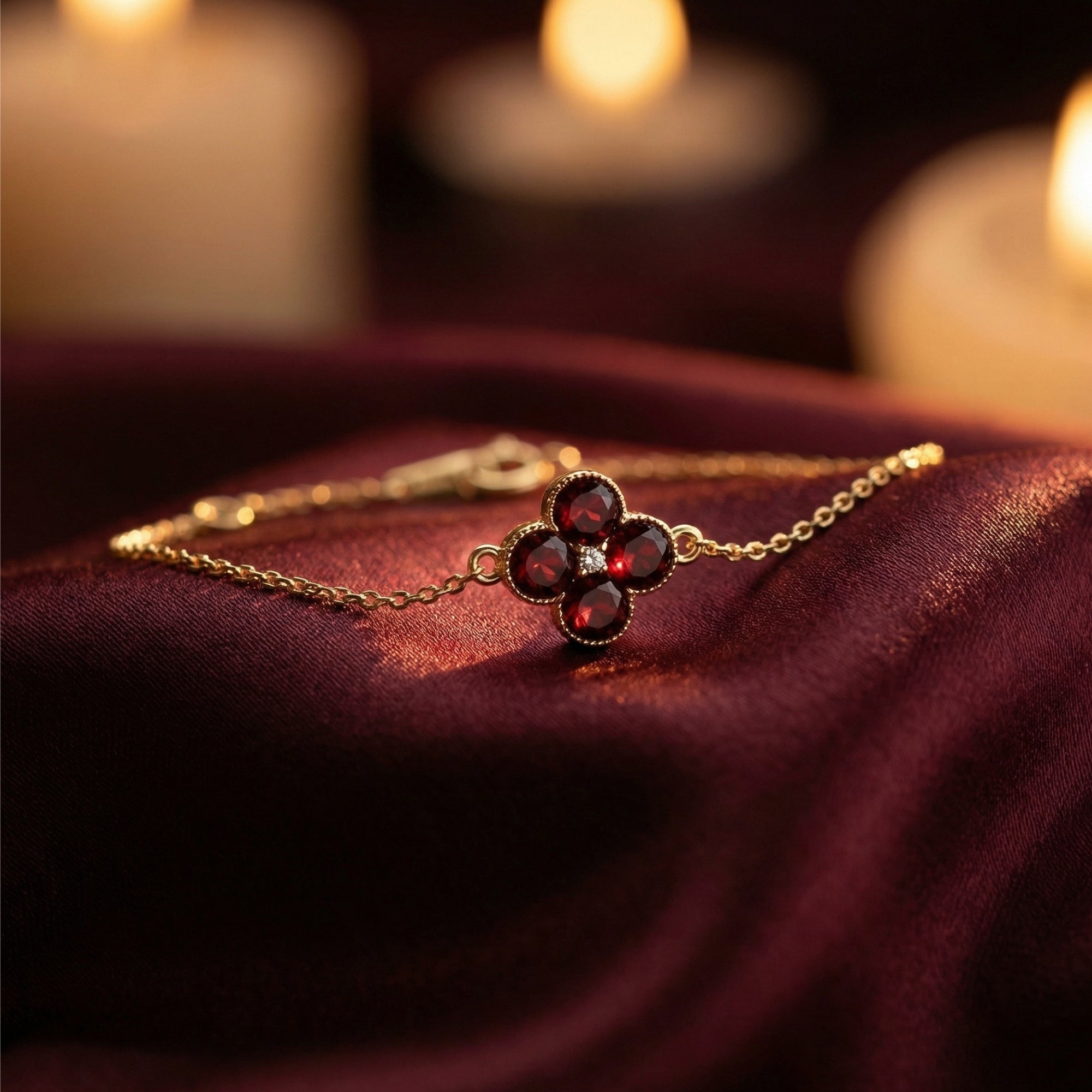 Detailed macro view of round-cut burgundy garnets in an 18K yellow gold clover station on red fabric.