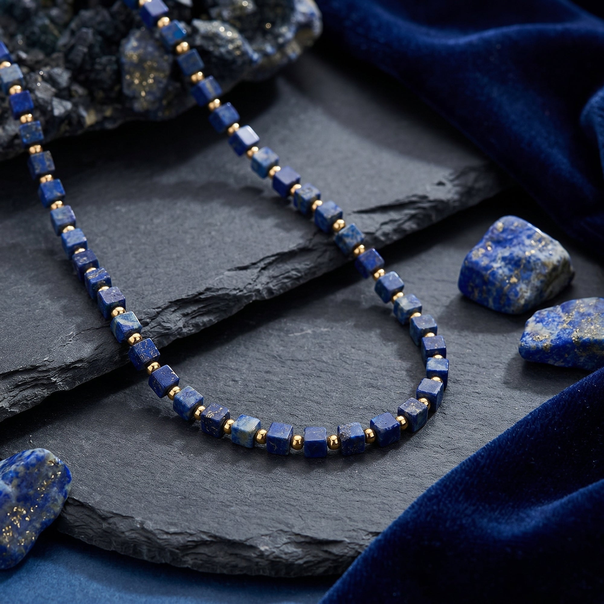 Detail of Sovereign Square natural lapis lazuli beads and gold-plated stainless steel on textured stone.