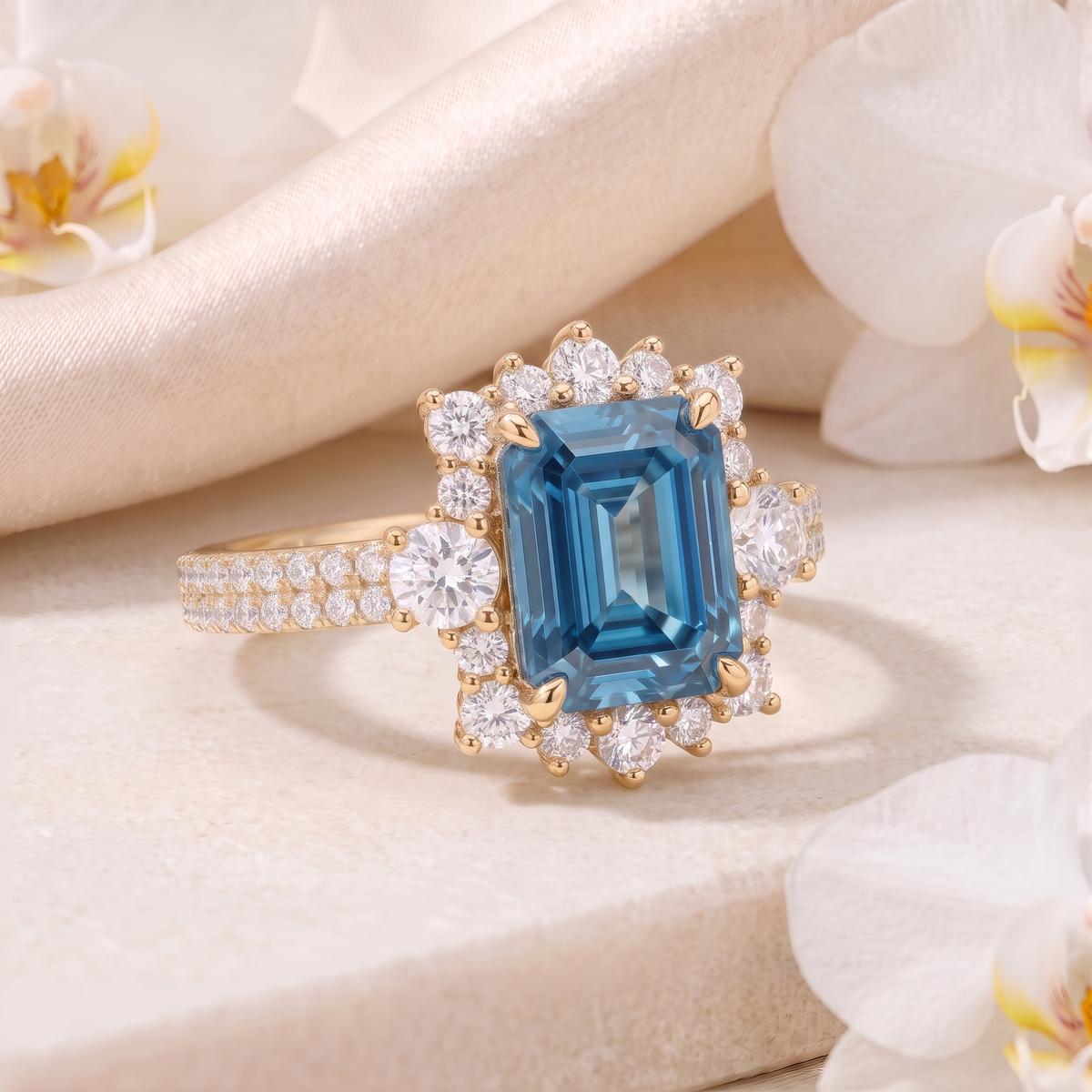 Three-quarter side angle of an emerald-cut blue moissanite halo ring in yellow gold.