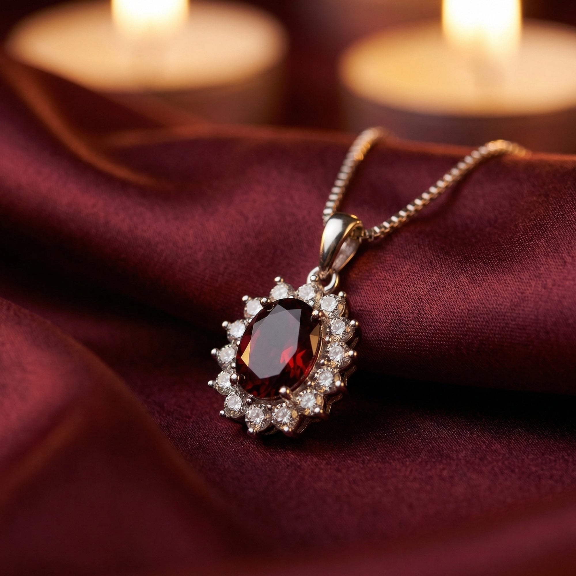 Oval garnet halo necklace on silver chain styled with burgundy silk and glowing candles.