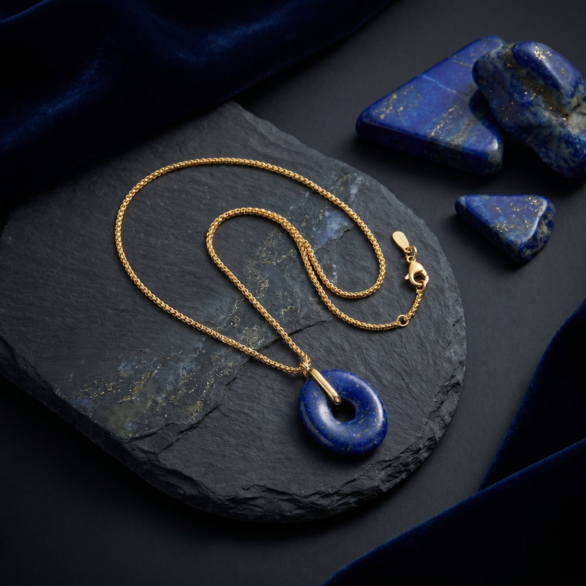 Gold plated stainless steel chain and oval lapis lazuli pendant laid flat on a dark textured stone slab.