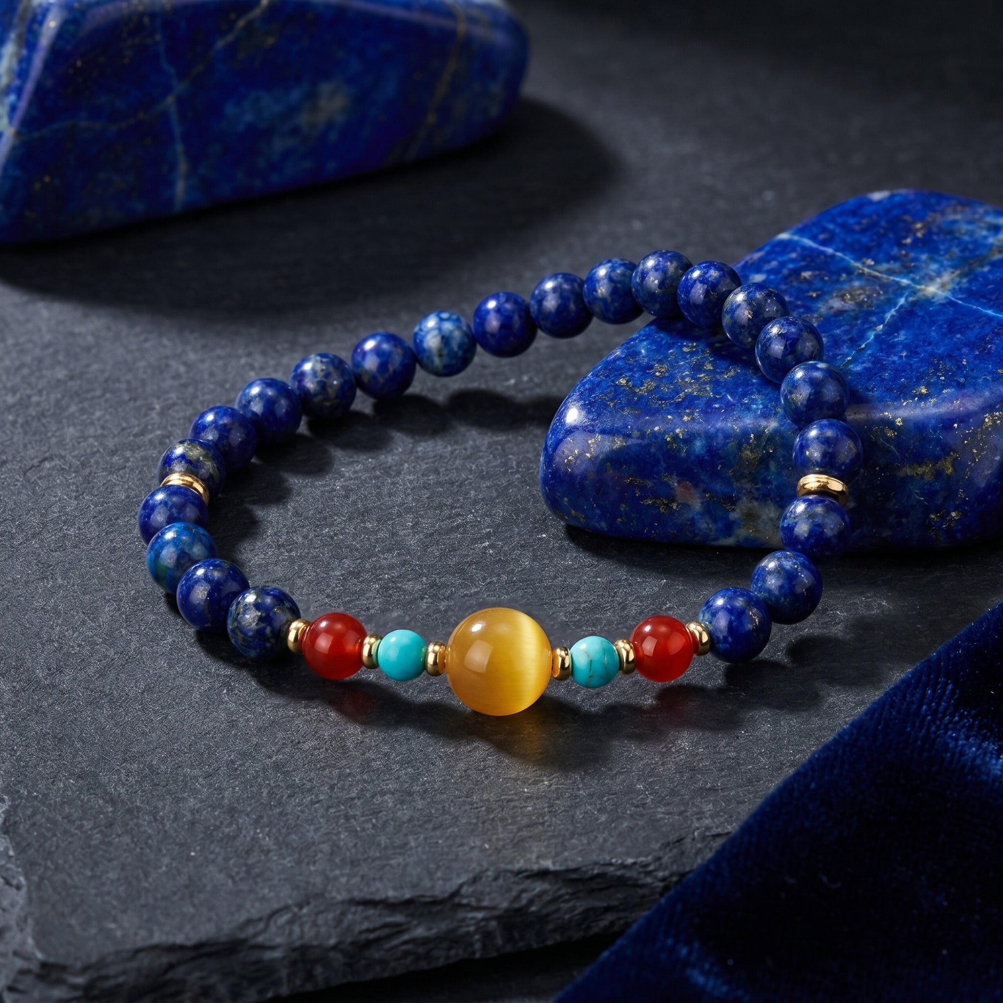 Detailed view of a 6mm lapis lazuli bracelet with gold-plated accents on a textured stone background.