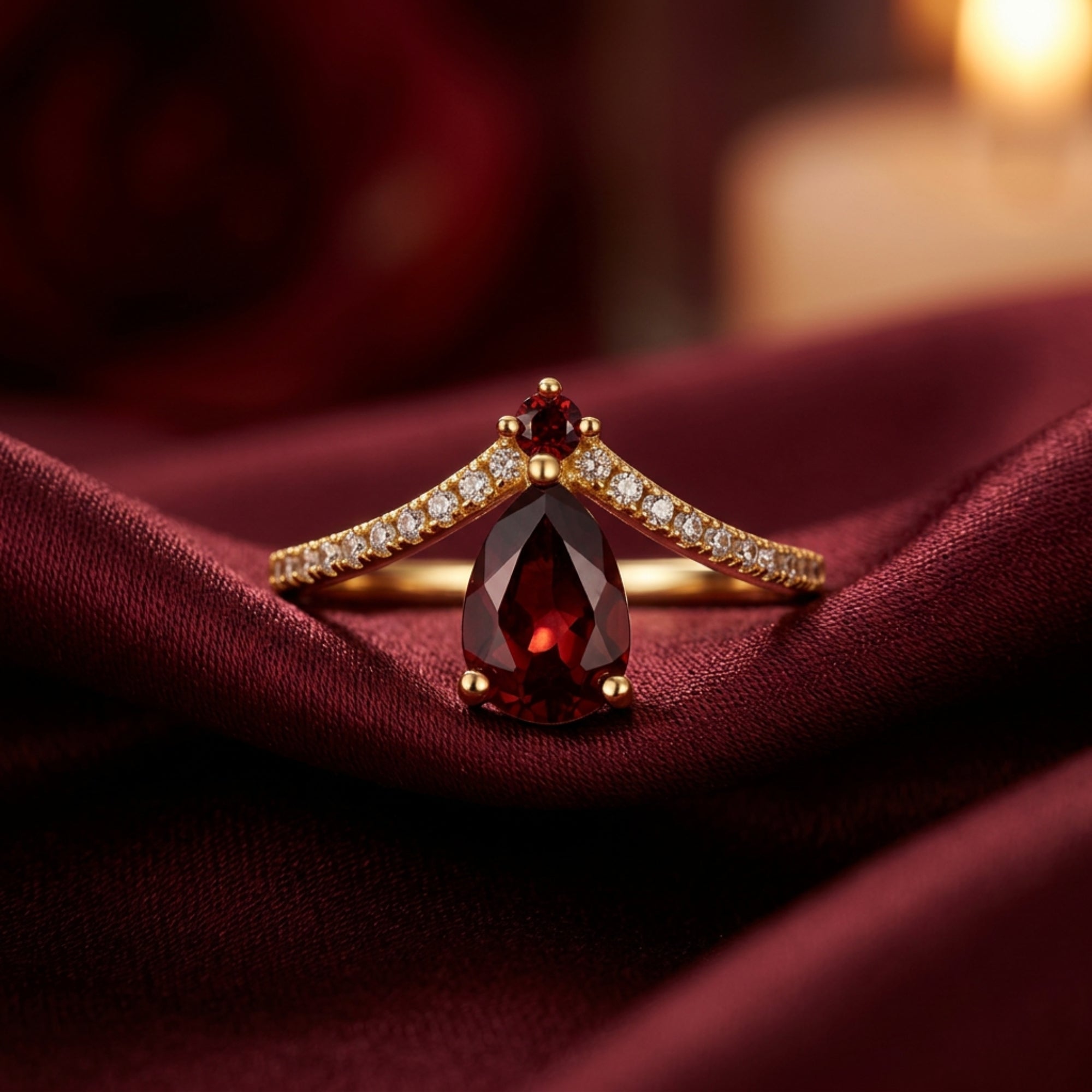 Macro view of a 1.5-carat pear-cut garnet chevron ring in 18K gold vermeil highlighting the deep burgundy stone.
