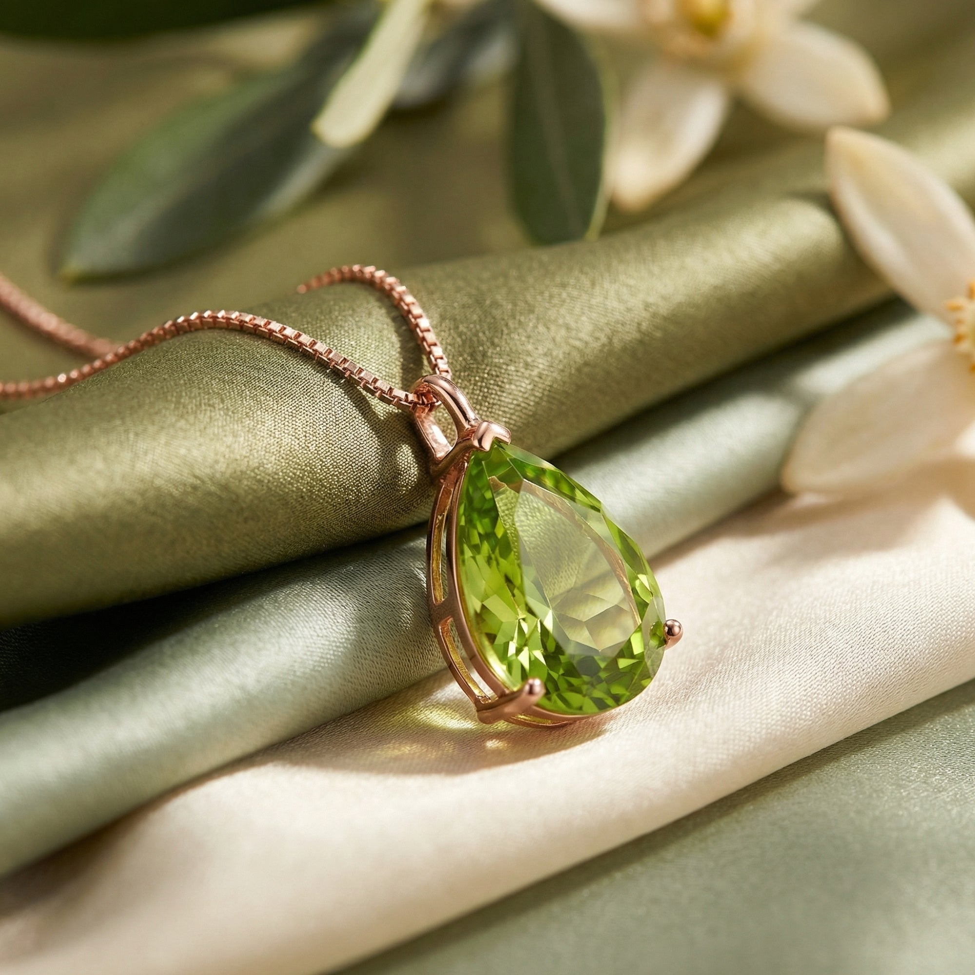 Macro view of the Elyon pear-cut peridot pendant in 18K rose gold vermeil showing detailed stone facets and prongs.